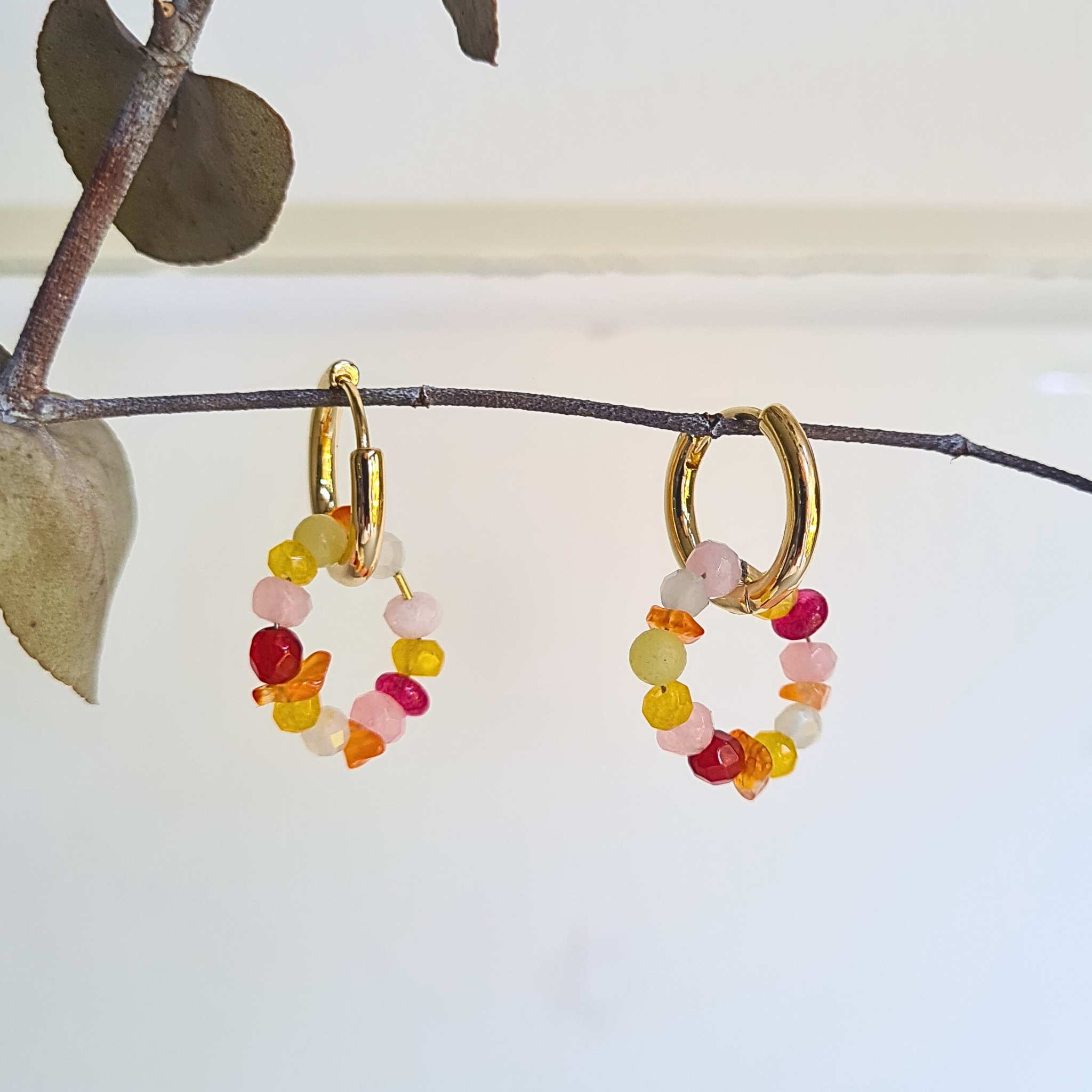 Oorbellen Flower Heaven, rozekwarts, carneool, agaat
