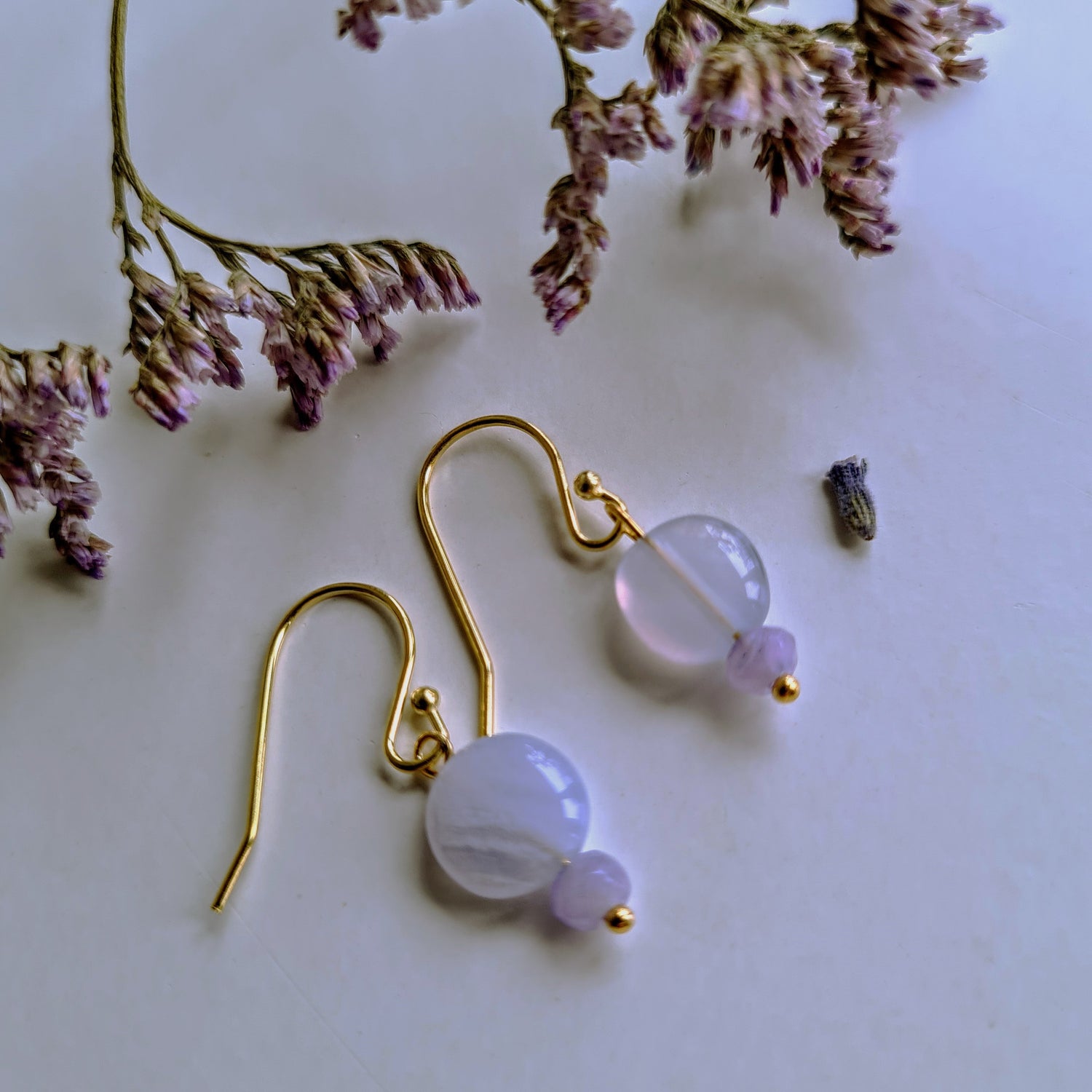 Oorbellen Honesty, blue lace agaat, lila jade