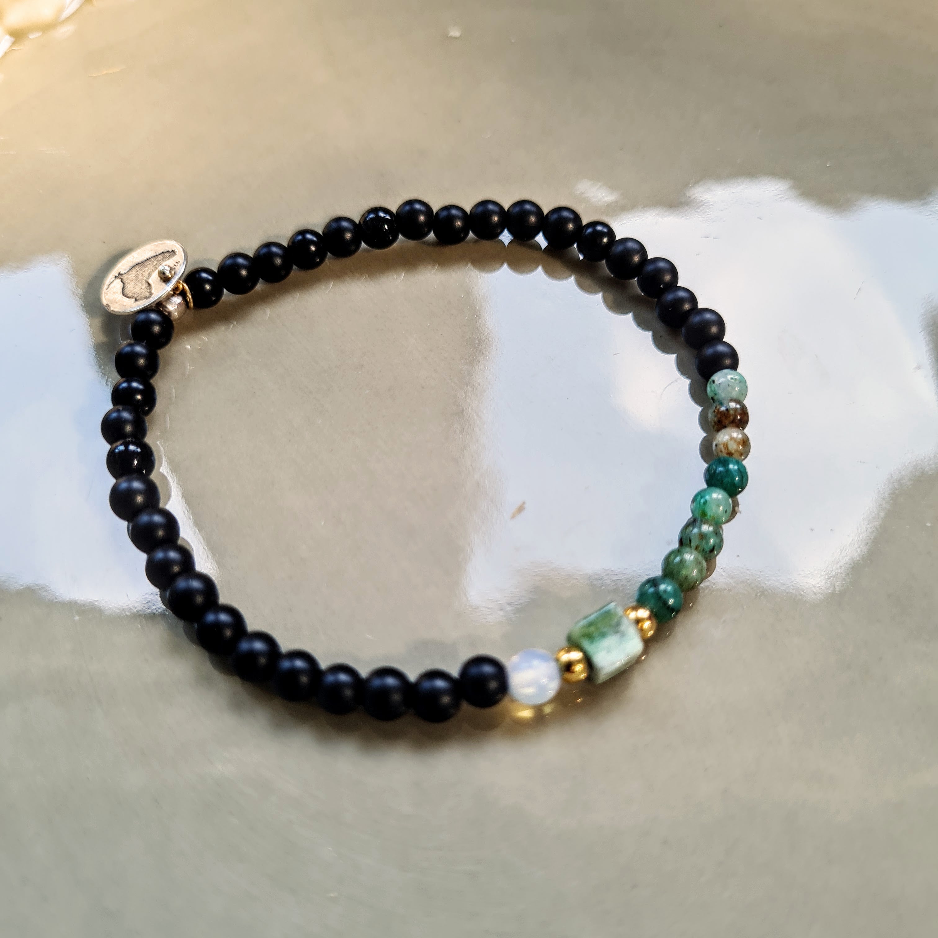 Enkelbandje Ocean Shadow, chrysocolla, maansteen, onyx