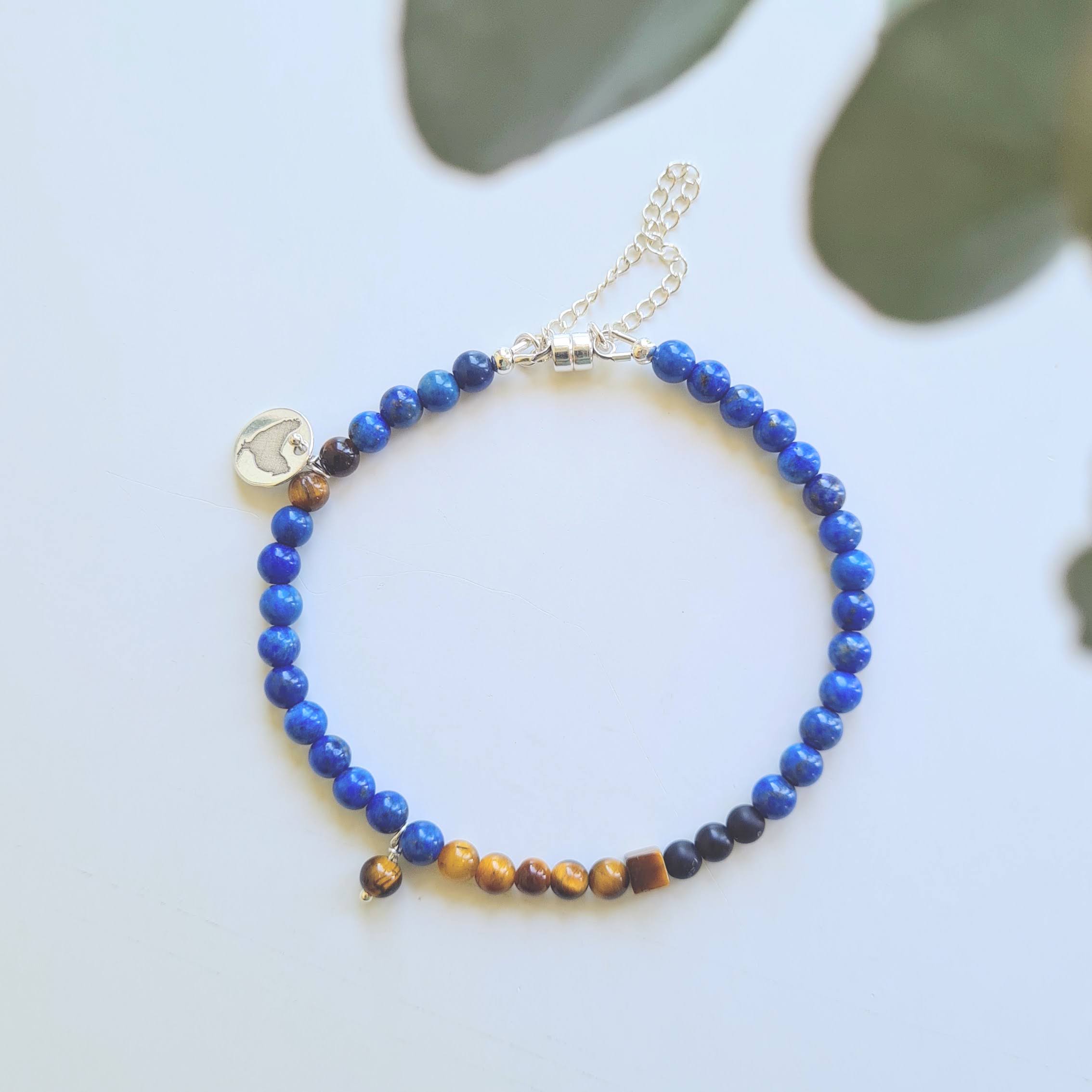 Armband Secret Blue, lapis lazuli, gouden tijgeroog, onyx