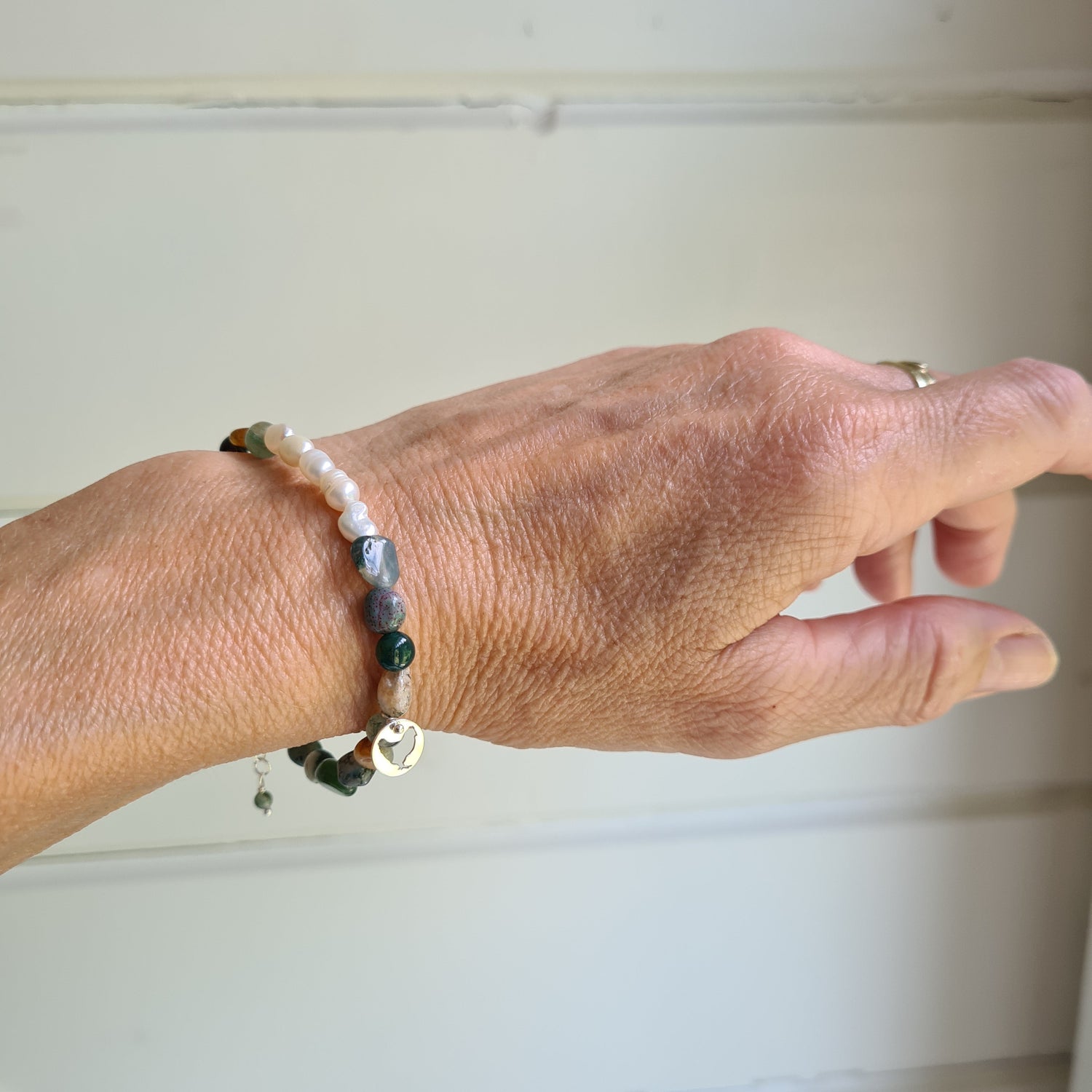 Set Armband & Oorbellen Hidden Emotions, parel, mos agaat