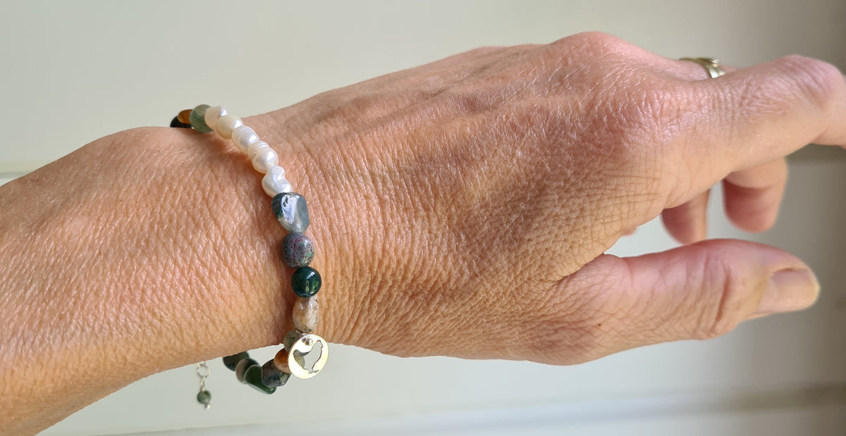 Set Armband & Oorbellen Hidden Emotions, parel, mos agaat