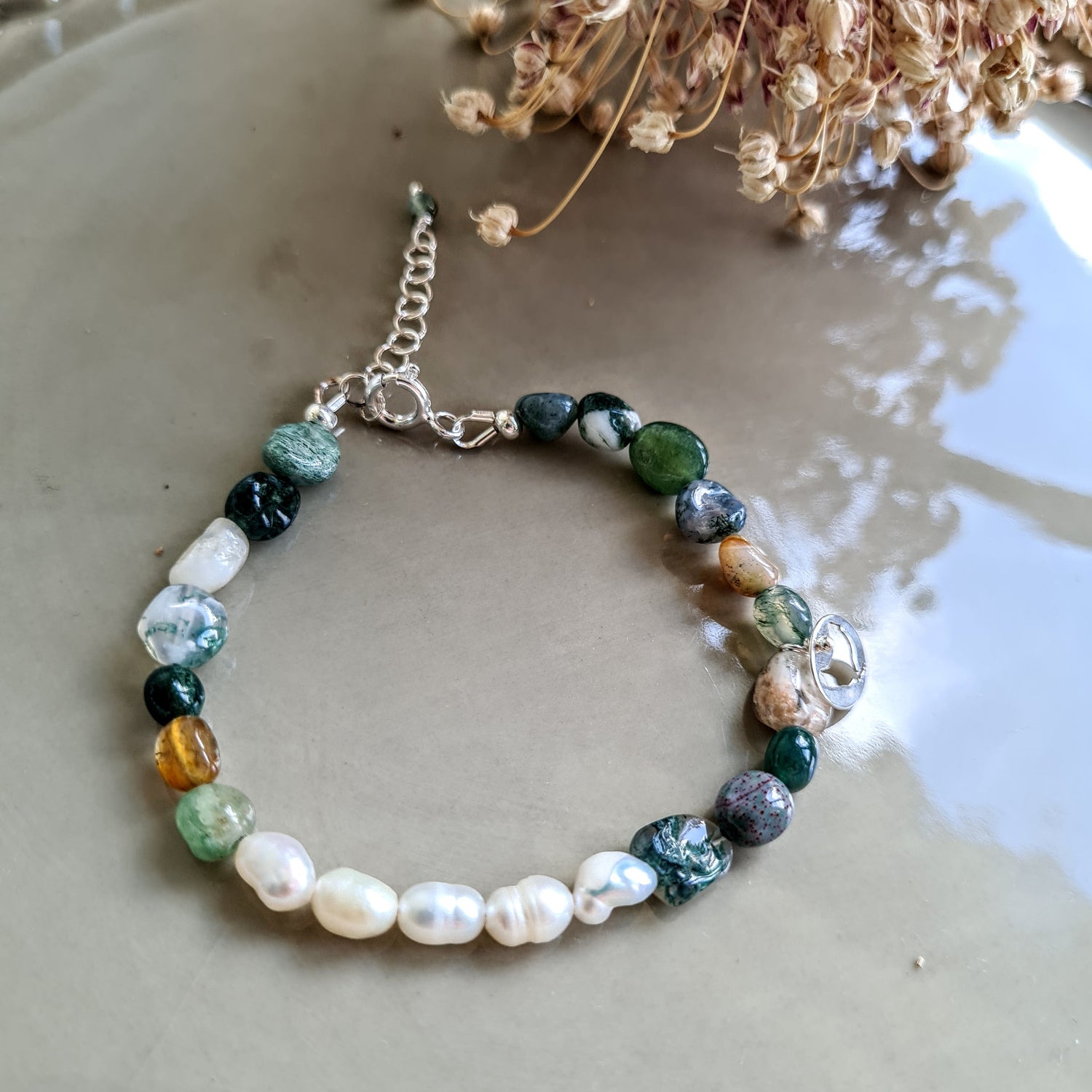 Set Armband & Oorbellen Hidden Emotions, parel, mos agaat