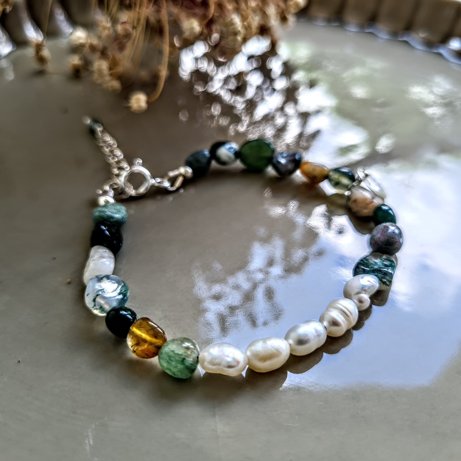 Set Armband & Oorbellen Hidden Emotions, parel, mos agaat