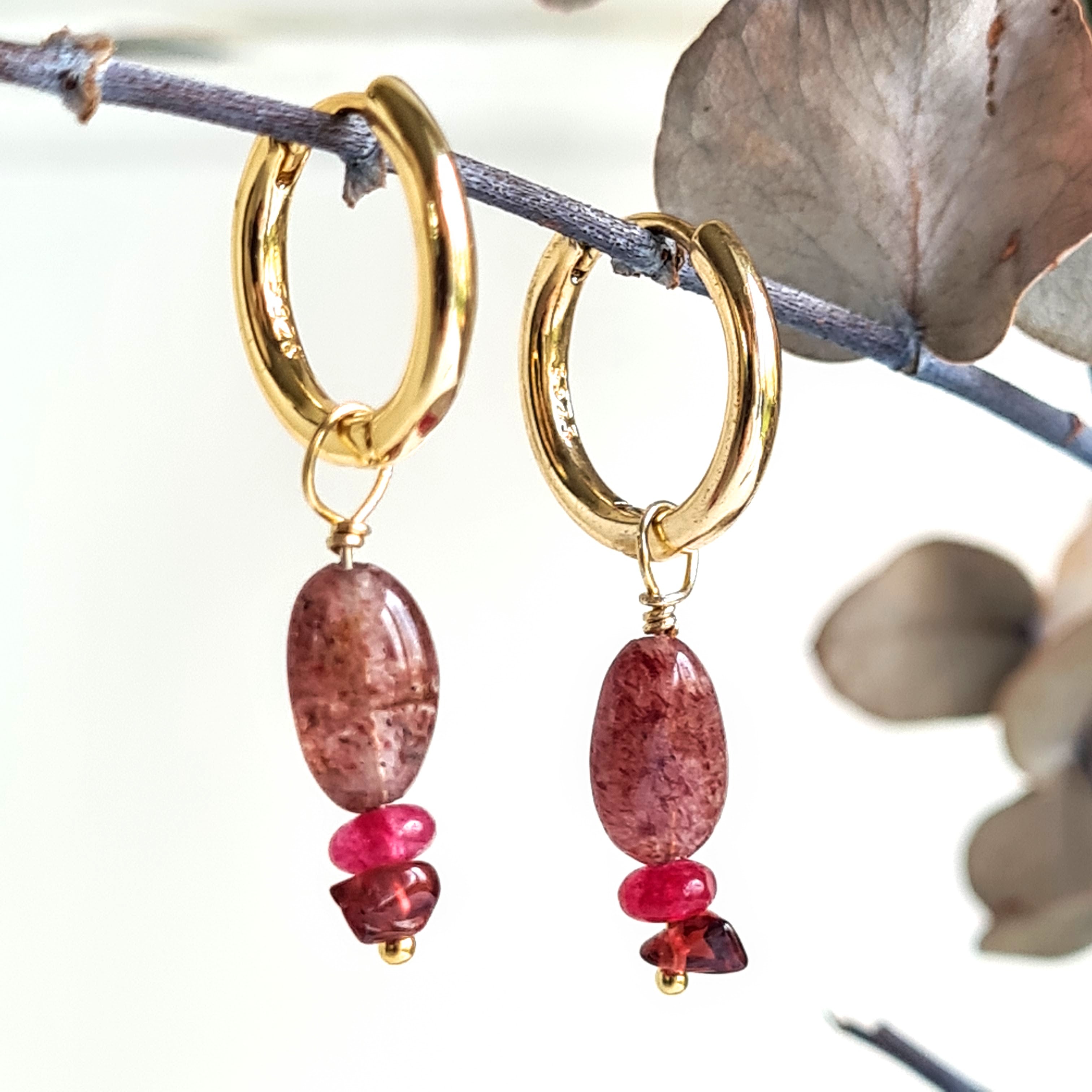 Oorbellen Dreaming, roze aardbeienkwarts, granaat