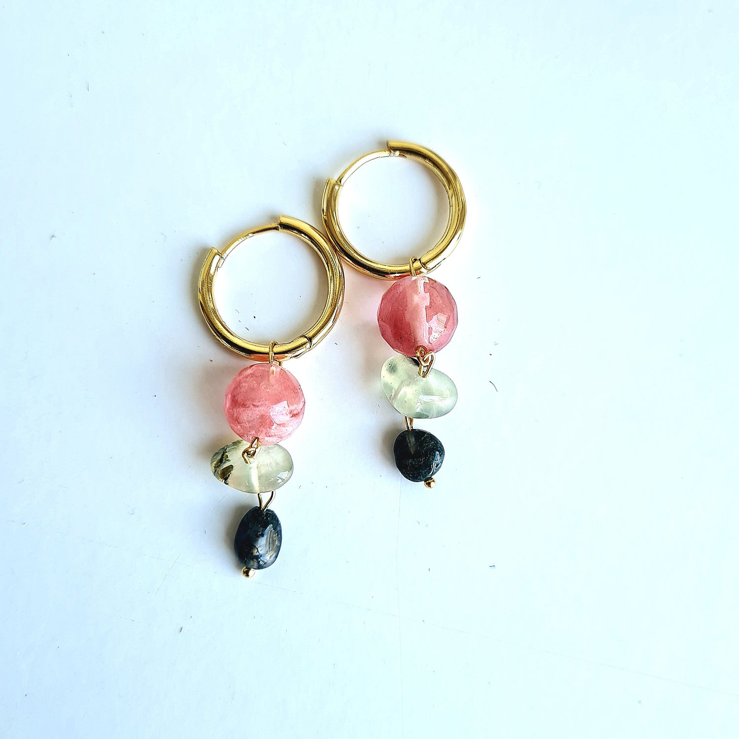 Oorbellen Tender Feelings, roze watermeloen toermalijn, mos agaat