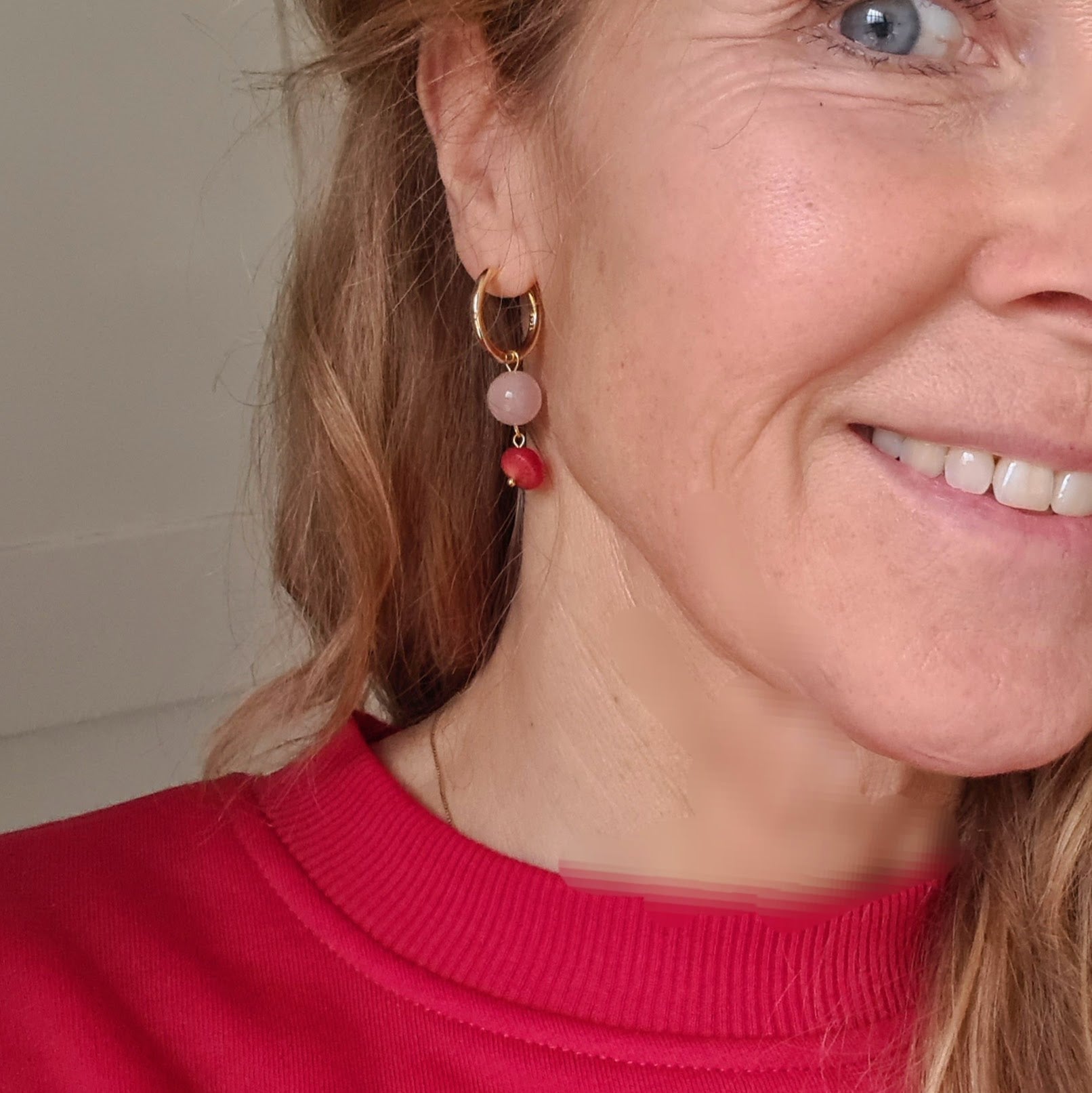 Oorbellen Sweet Love, rozekwarts, rood koraal