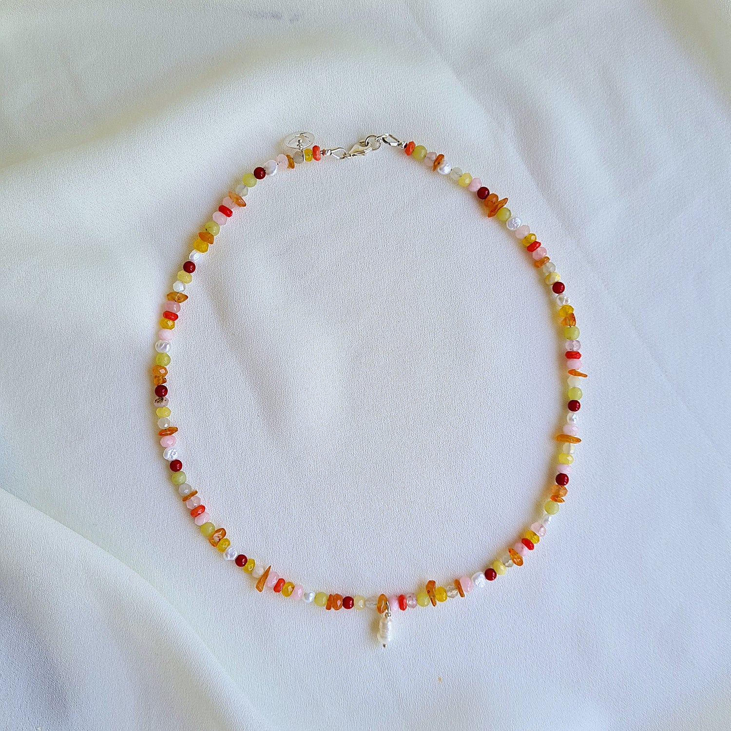 Ketting Adventure, koraal, parel, rozekwarts, carneool, agaat