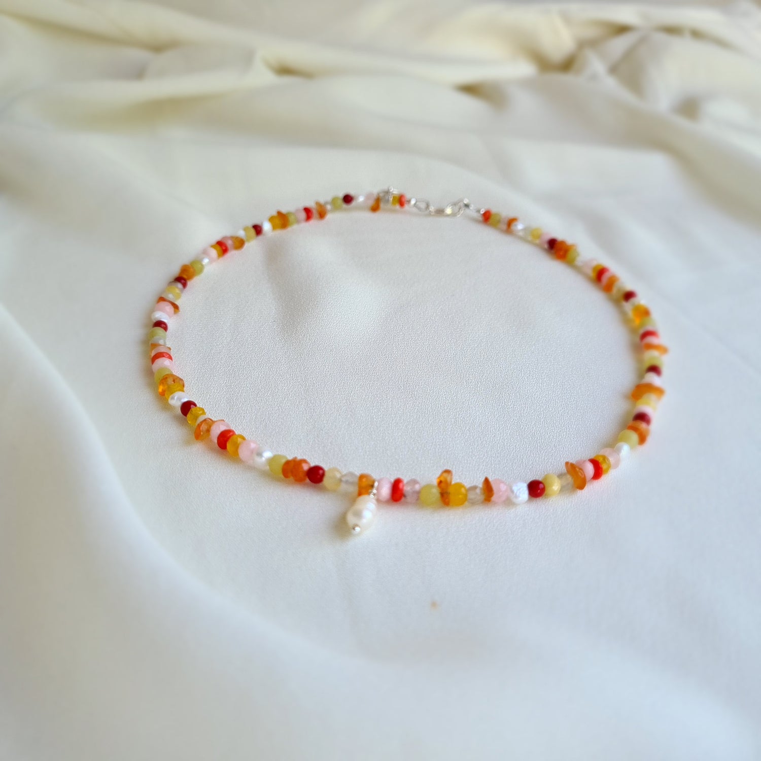 Ketting Adventure, koraal, parel, rozekwarts, carneool, agaat