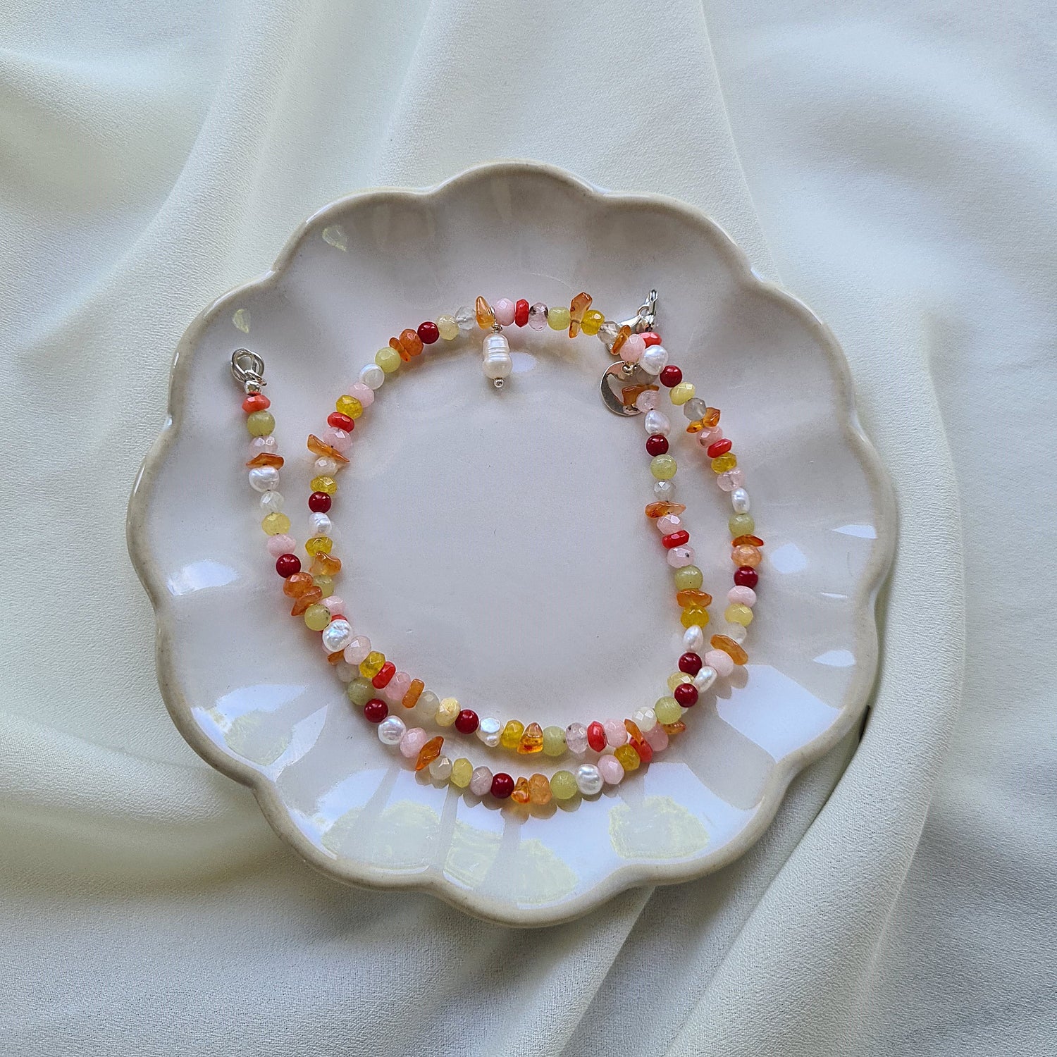 Ketting Adventure, koraal, parel, rozekwarts, carneool, agaat