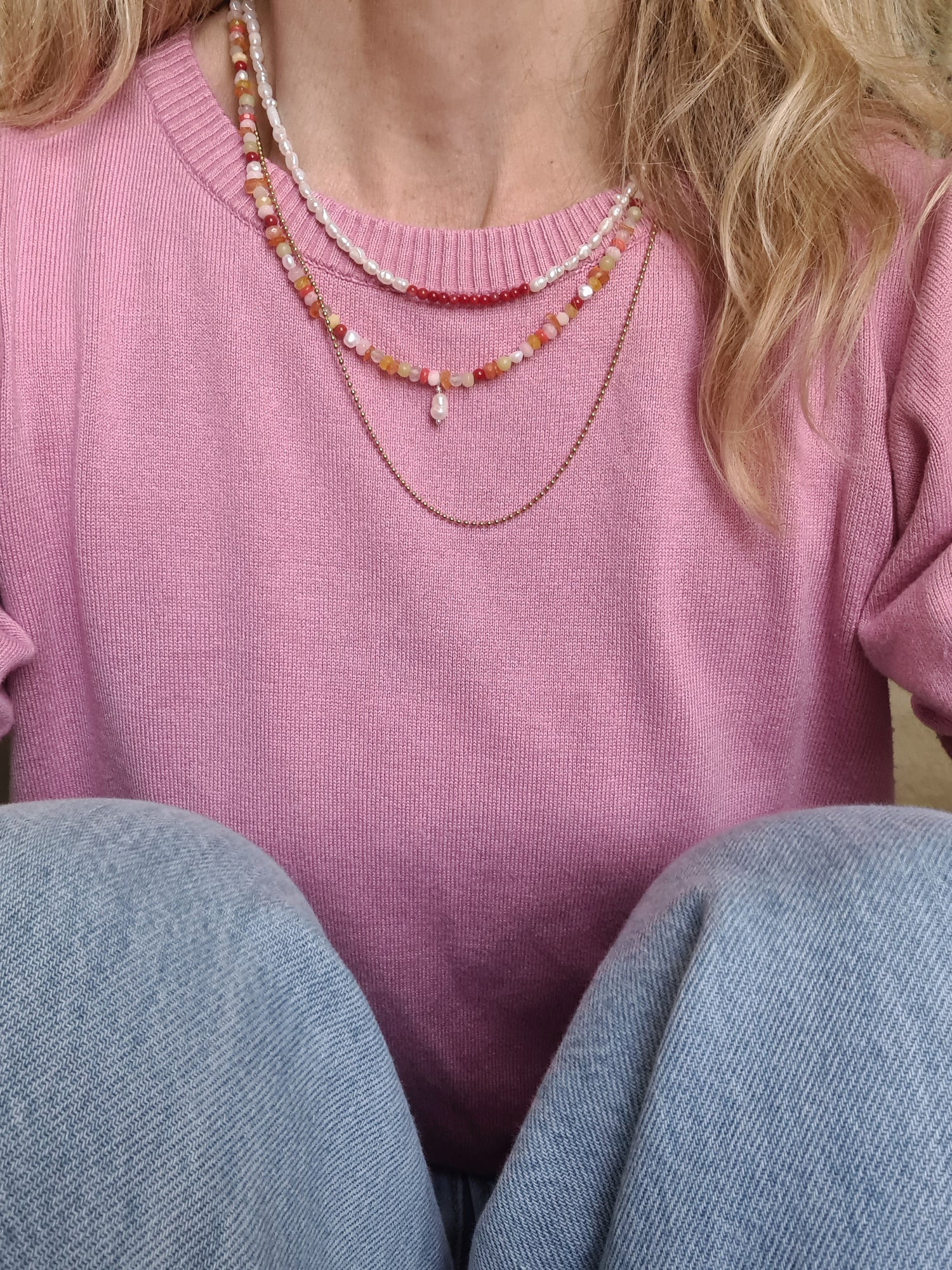 Ketting Adventure, koraal, parel, rozekwarts, carneool, agaat