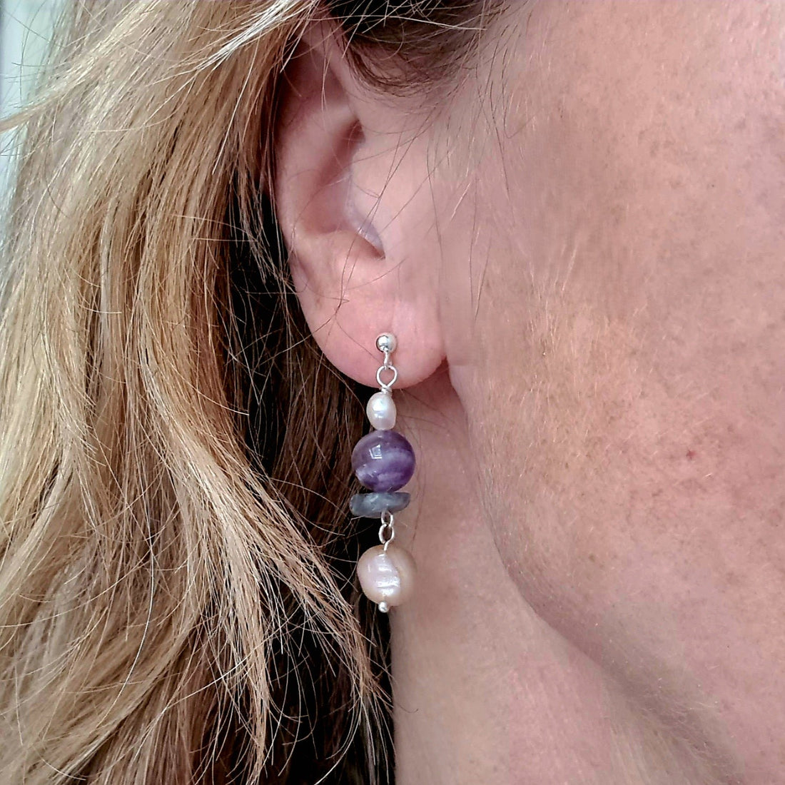 Oorbellen Sundance, amethist, zonnesteen, parel, labradoriet,