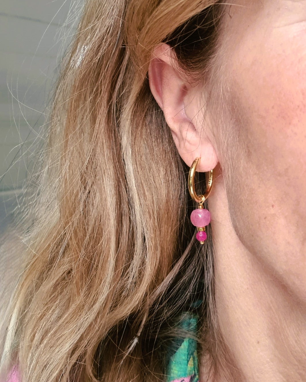 Oorbellen Pink Kiss, roze toermalijn, jade