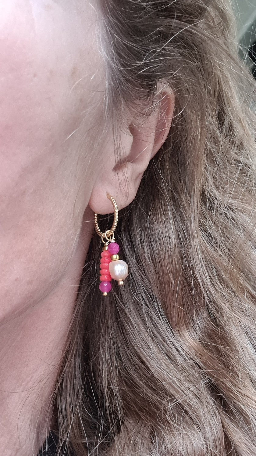 Oorbellen Double love, roze parel, koraal