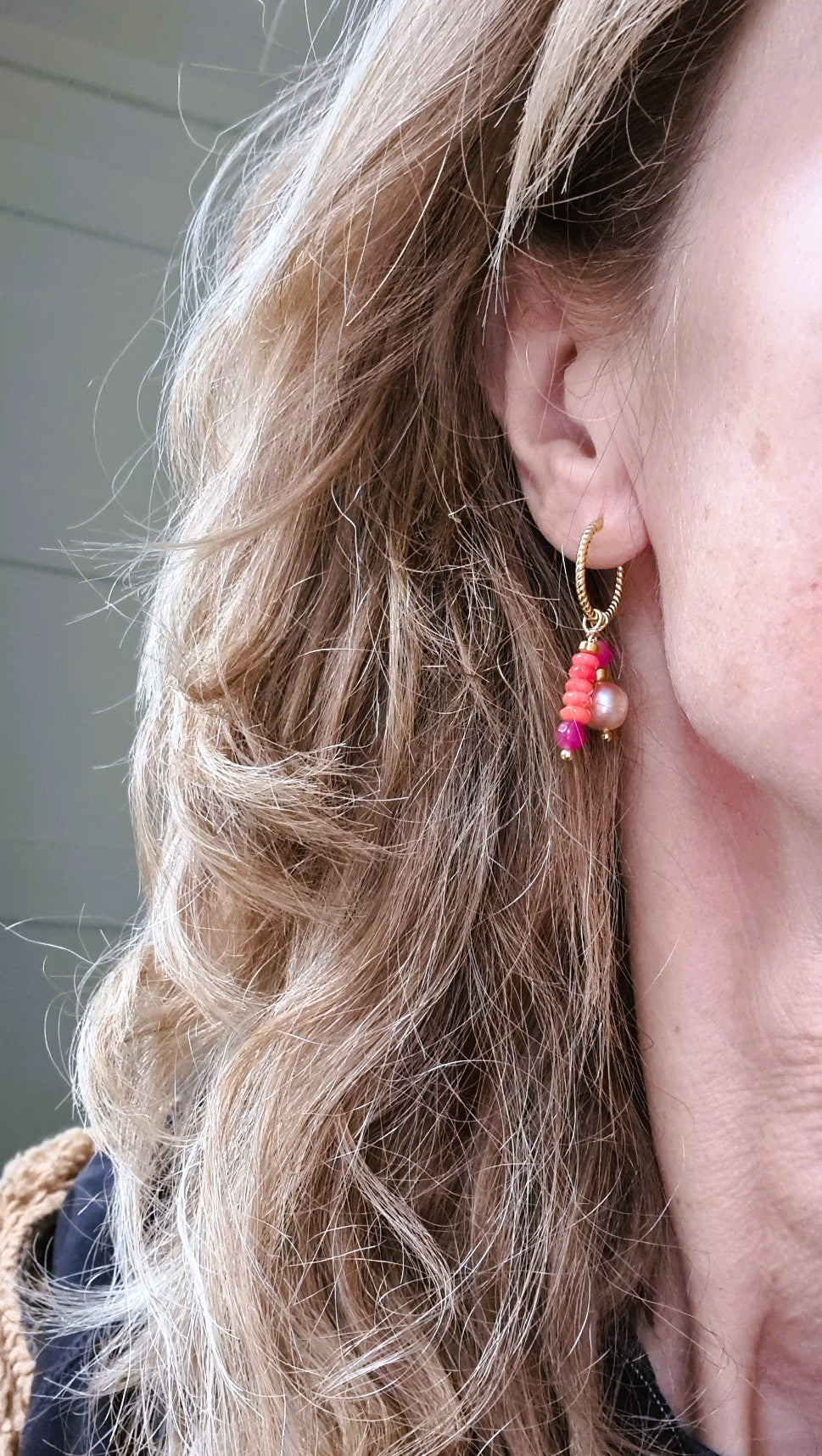 Oorbellen Double love, roze parel, koraal