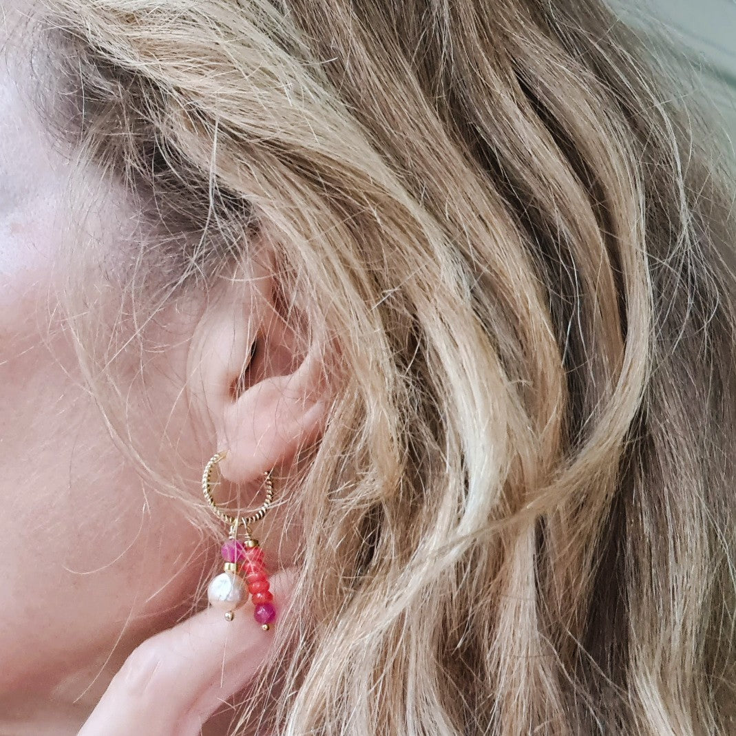 Oorbellen Double love, roze parel, koraal