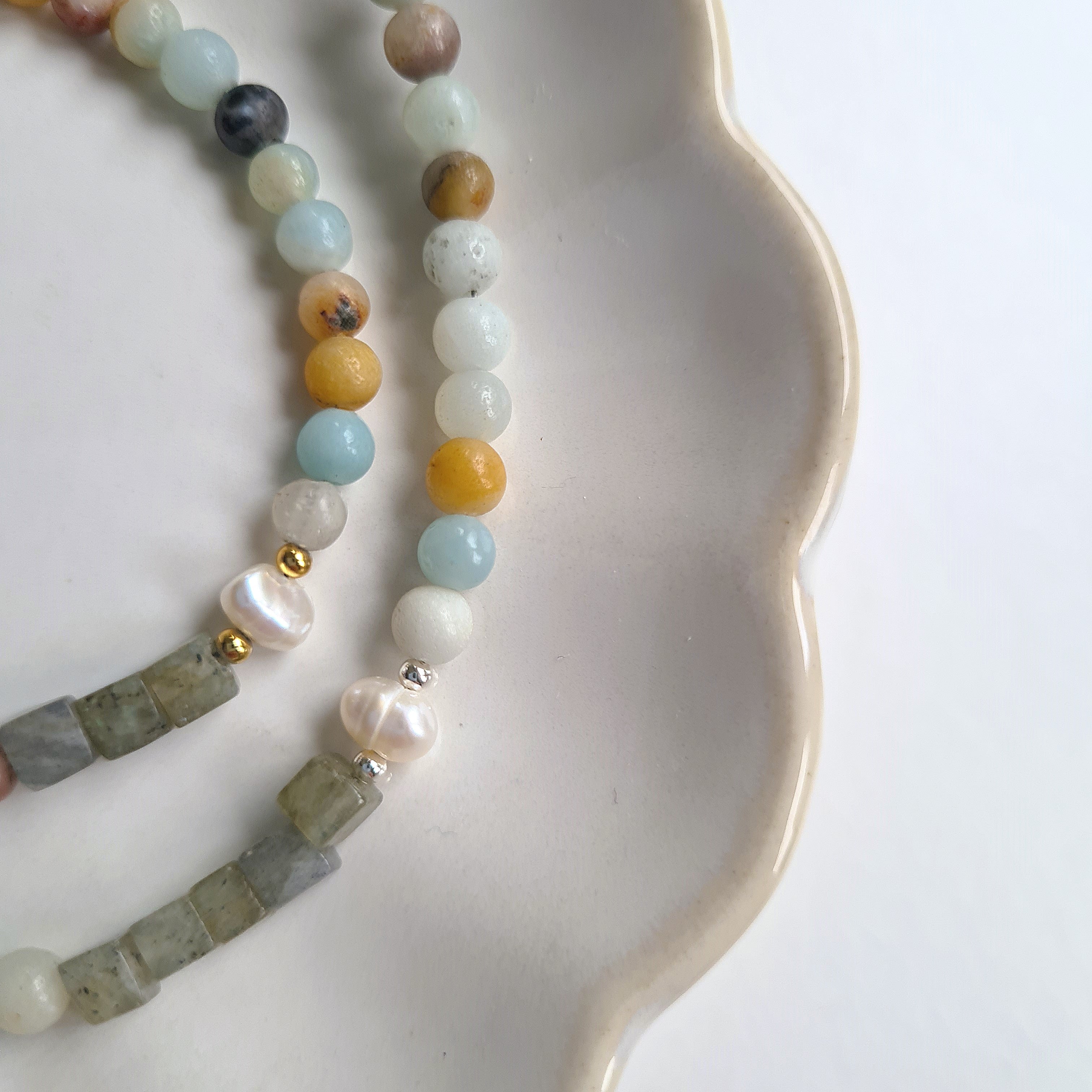 Set Ketting & Armband Liefde & Vriendschap, amazoniet, labradoriet, parel