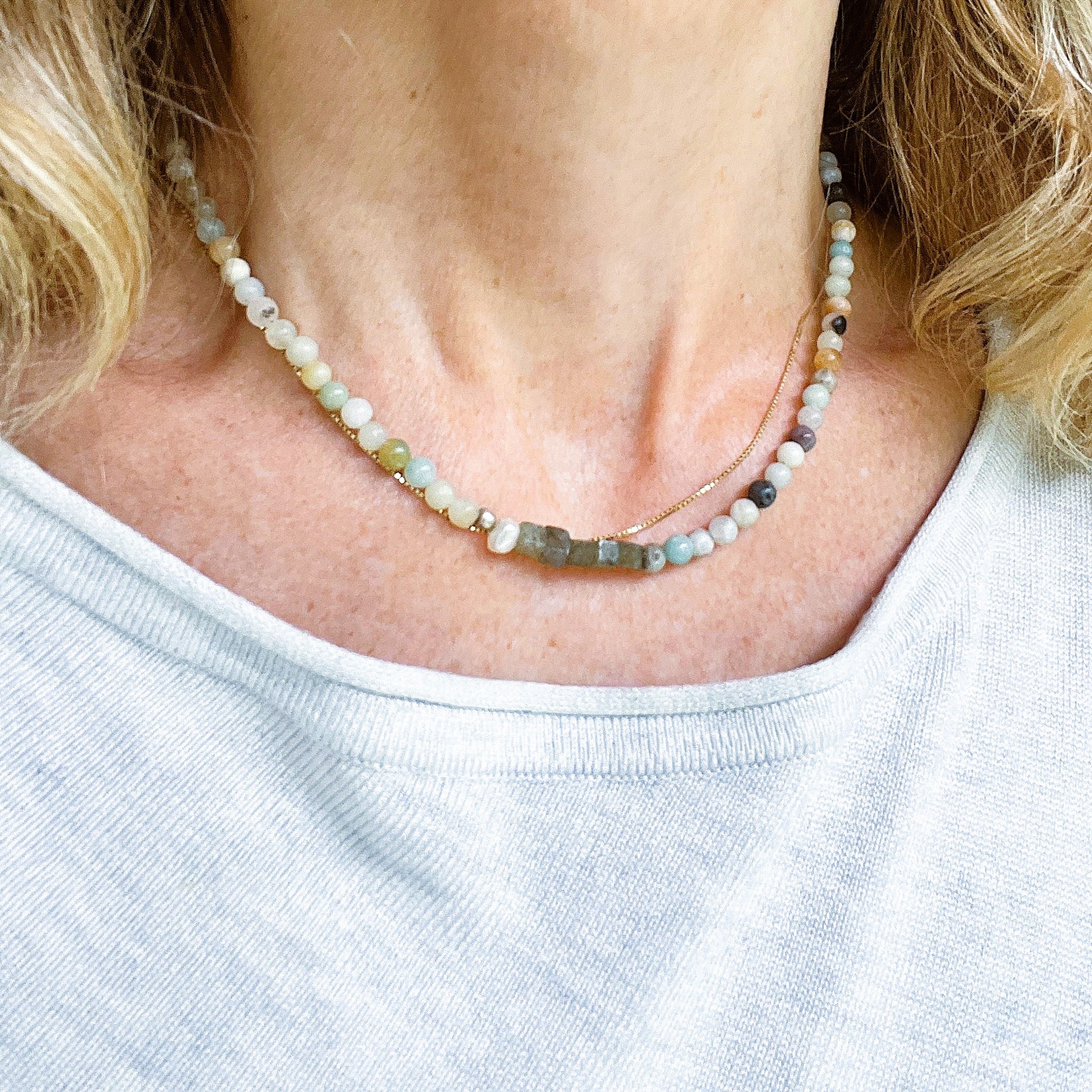 Set Ketting & Armband Liefde & Vriendschap, amazoniet, labradoriet, parel
