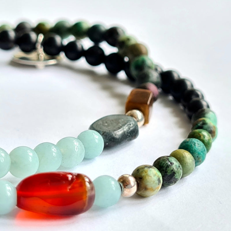 Enkelbandje Green Shadow, Afrikaans turquoise, carneool, amazoniet, onyx