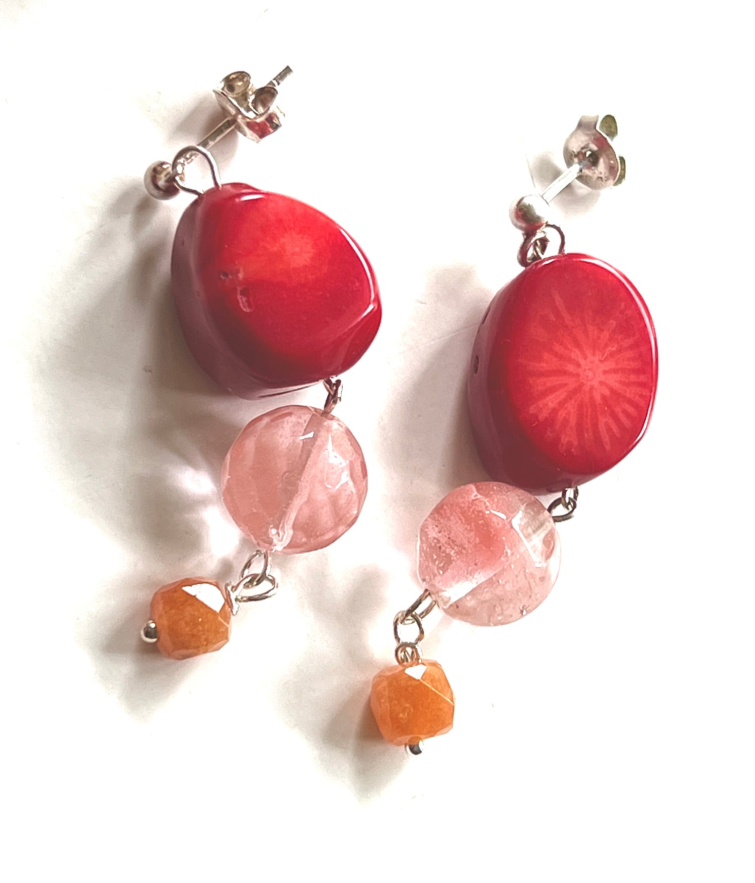 Oorbellen  Feelings, koraal, roze watermeloen toermalijn, calciet