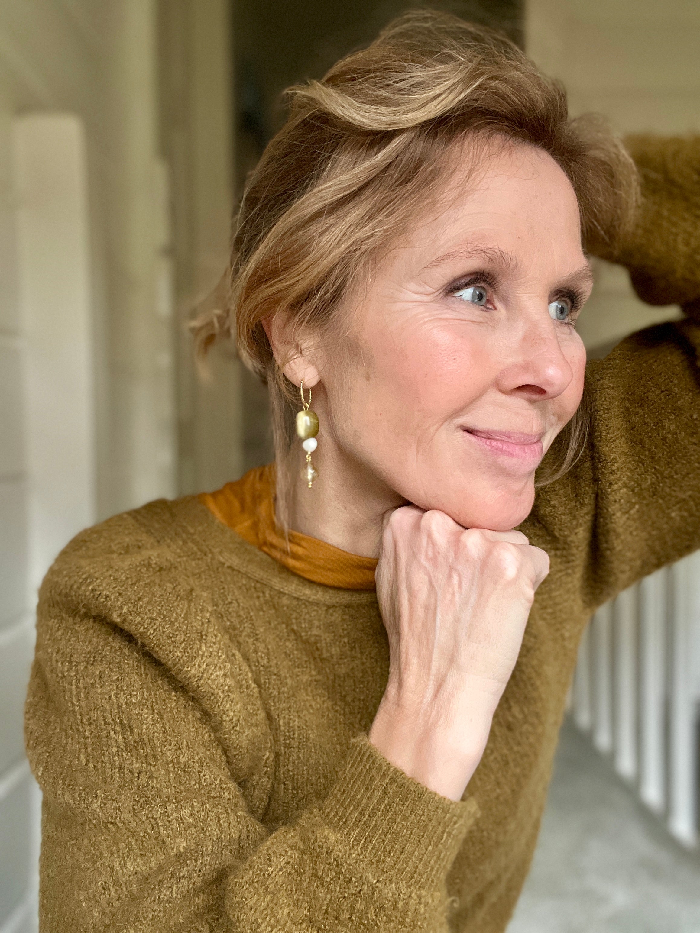 Oorbellen Green Olives, groene opaal, toermalijn, parel