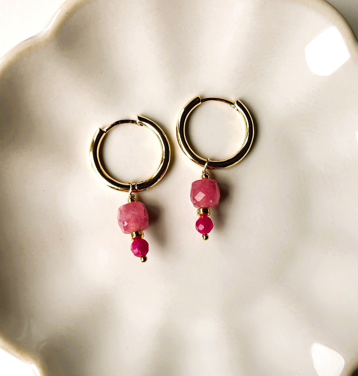 Oorbellen Pink Kiss, roze toermalijn, jade