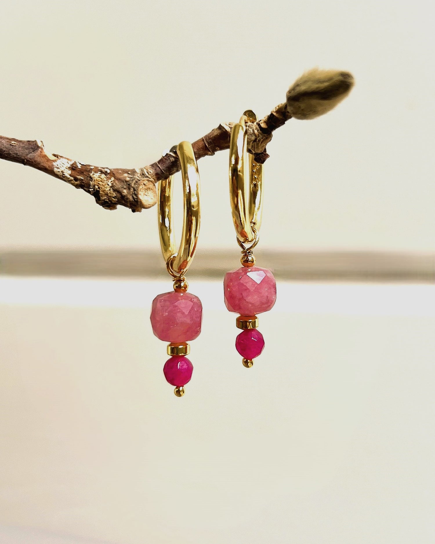 Oorbellen Pink Kiss, roze toermalijn, jade