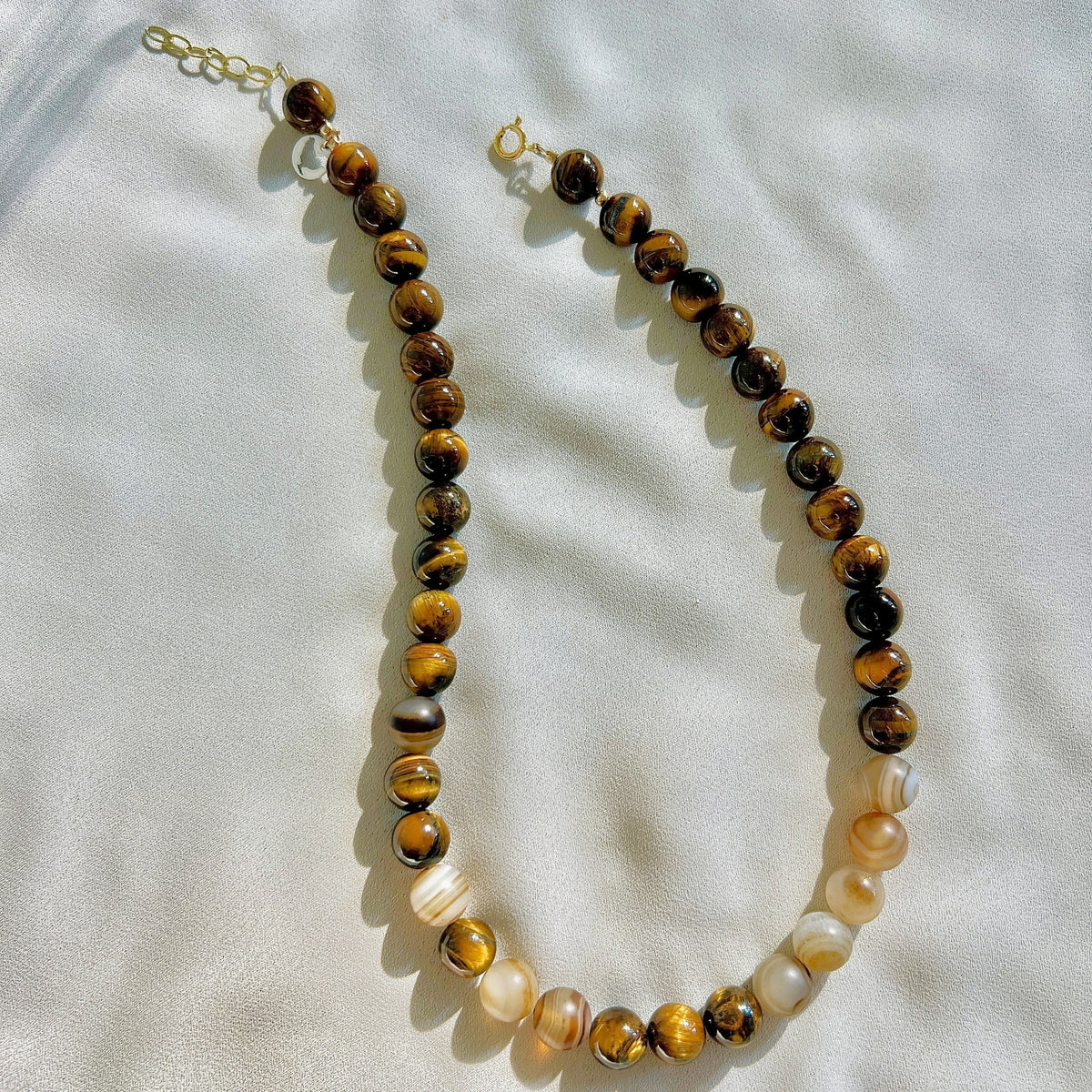 Set Golden Brown, ketting&oorbellen tijgeroog, agaat