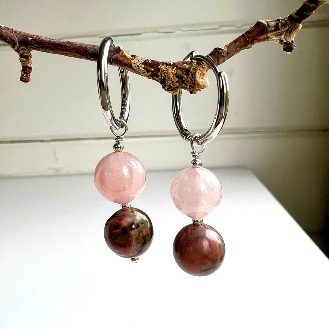 Oorbellen Pink Blush, rozekwarts, rhodoniet