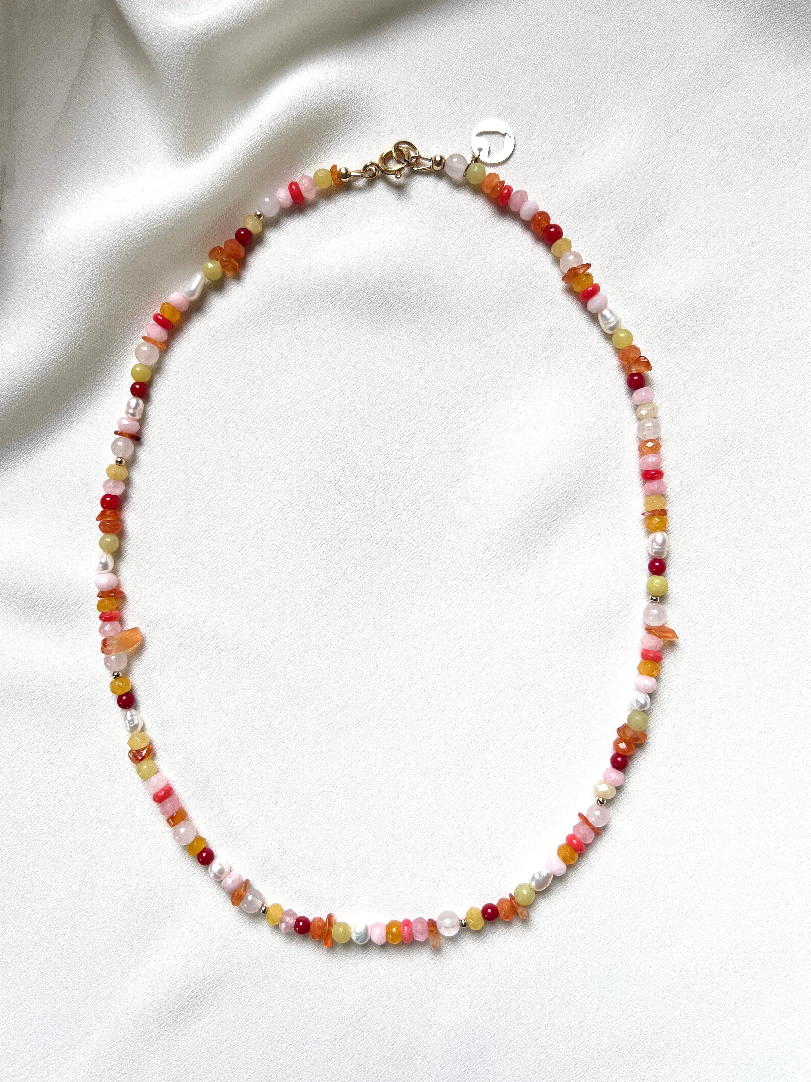 Ketting Adventure, koraal, parel, rozekwarts, carneool, agaat