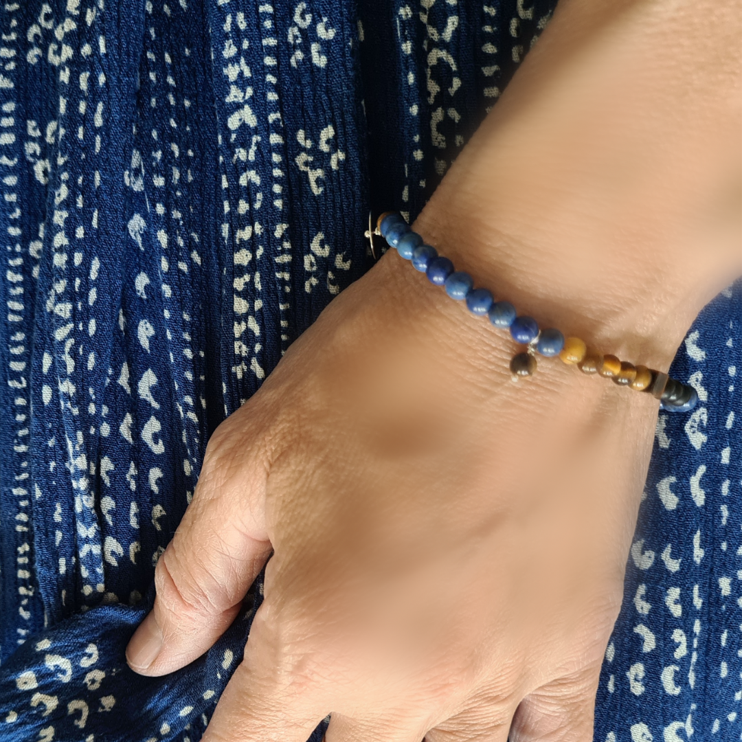 Armband Secret Blue, lapis lazuli, gouden tijgeroog, onyx