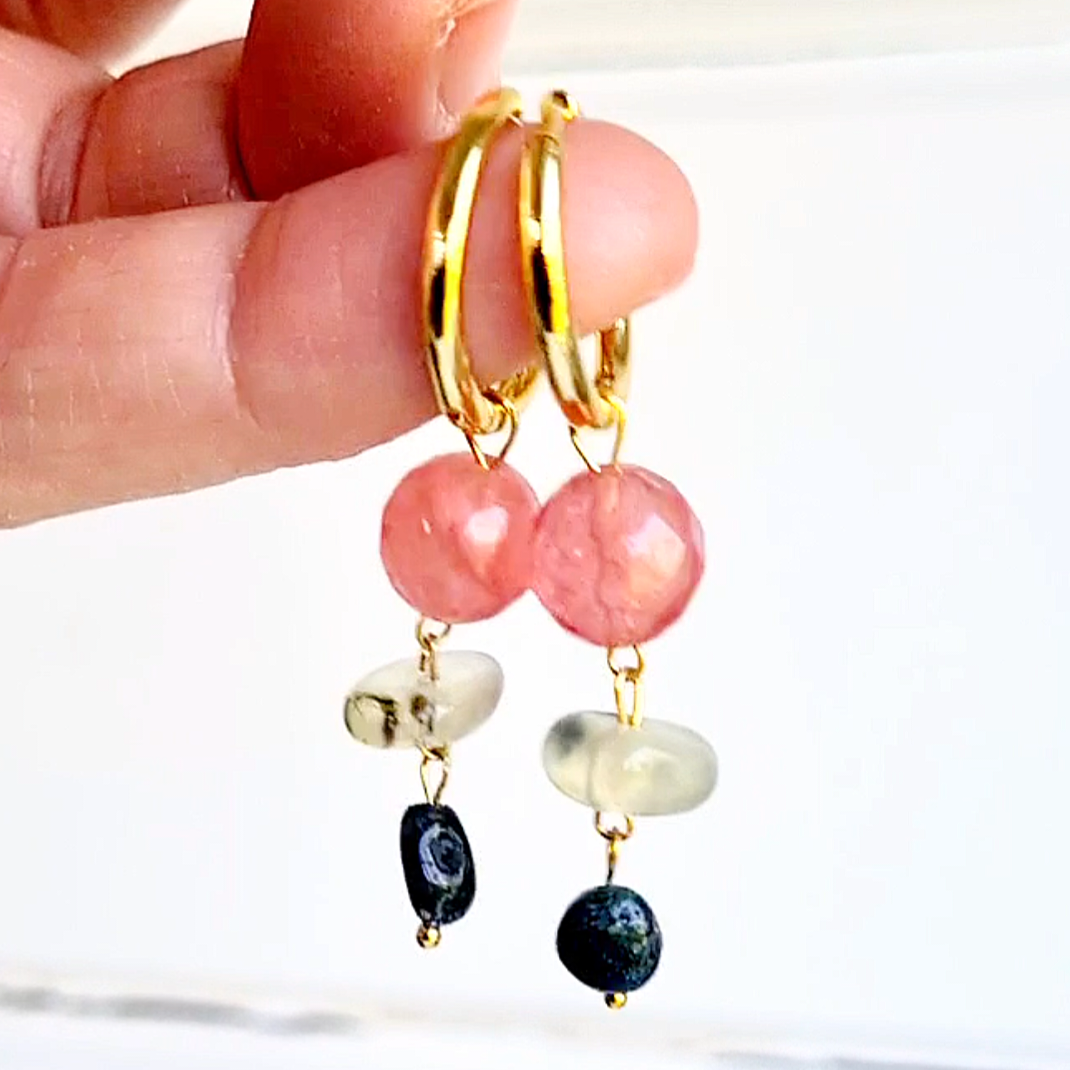 Oorbellen Tender Feelings, roze watermeloen toermalijn, mos agaat