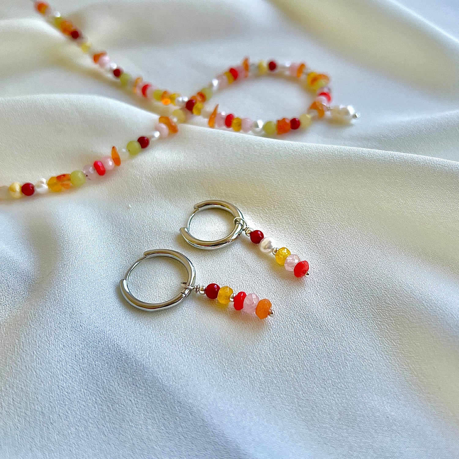 Ketting Adventure, koraal, parel, rozekwarts, carneool, agaat