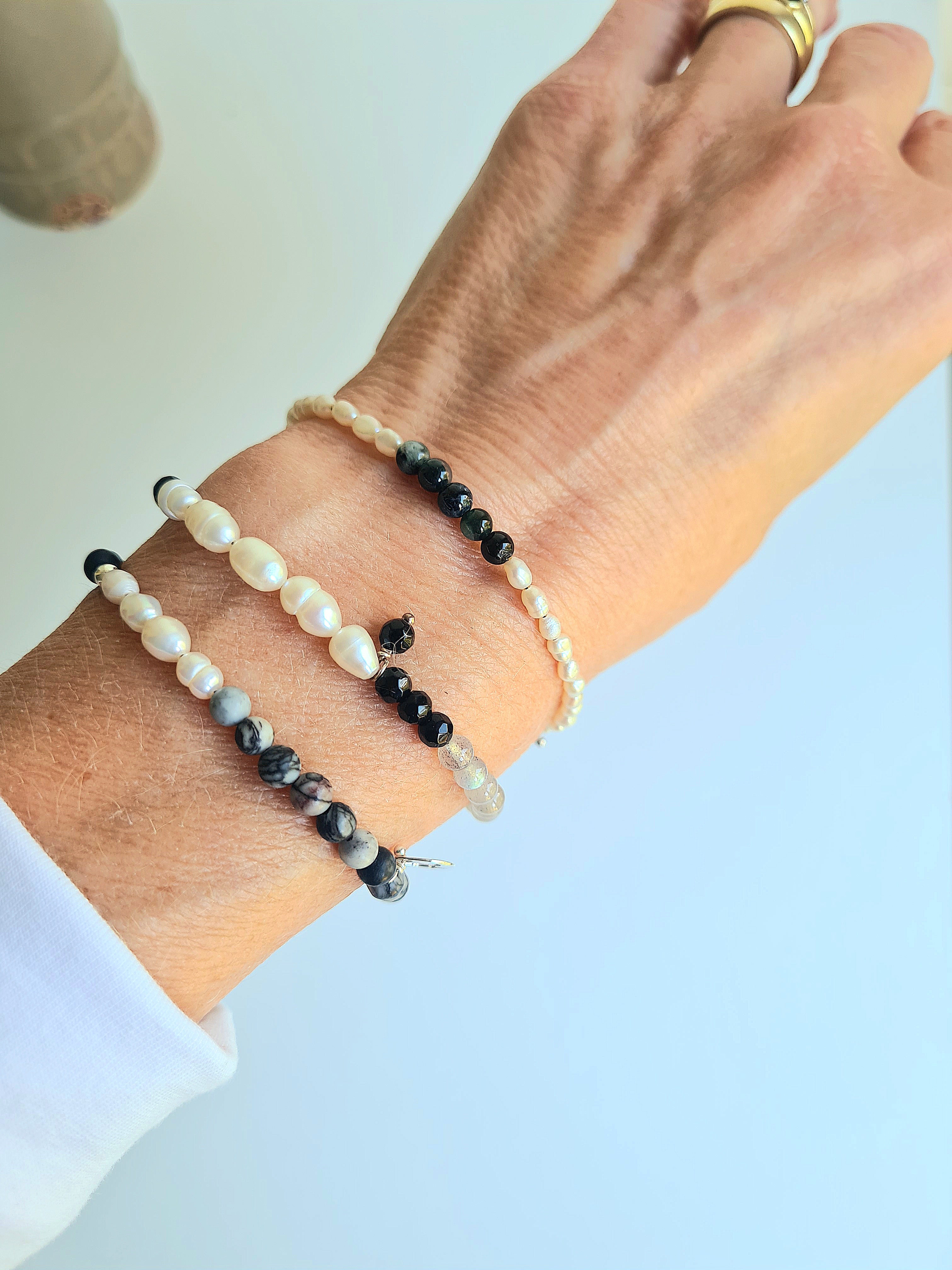 Armband Happy Days, zebra jaspis, onyx, parel