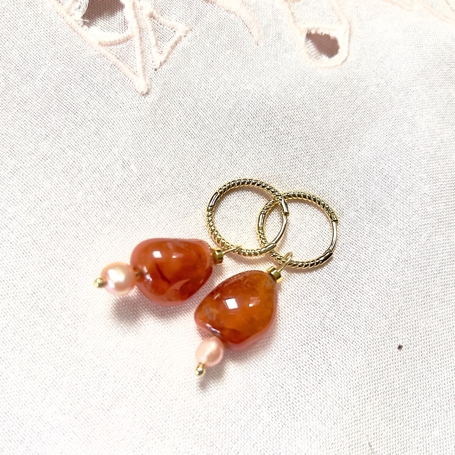 Oorbellen Bonjour Amour, carneool, roze parel