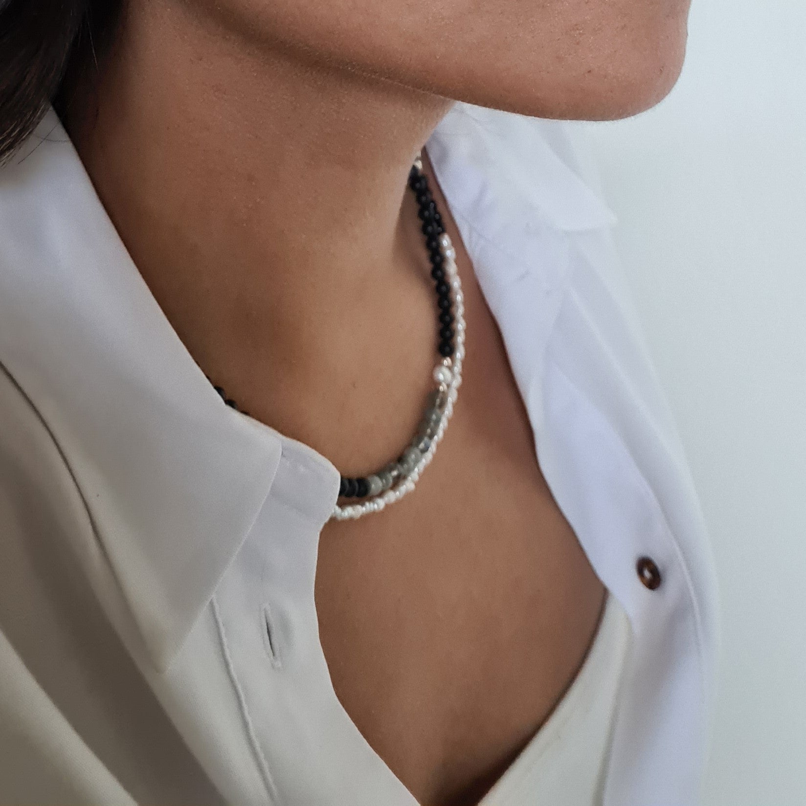 Ketting Fancy, onyx, parel en labradoriet