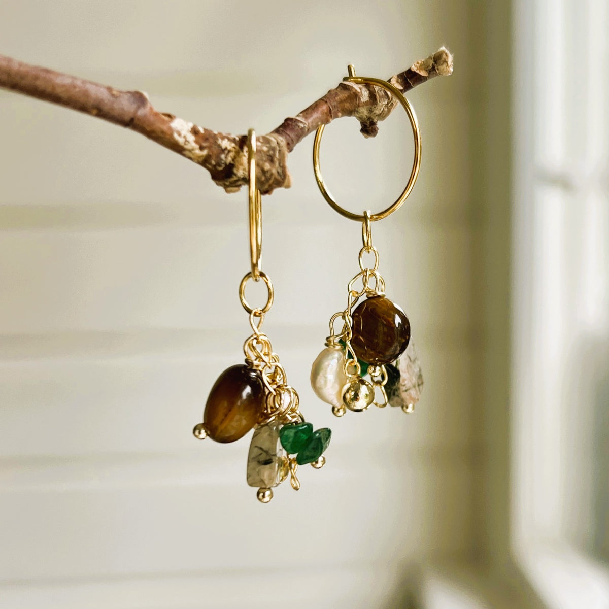 Oorbellen Glorious Green, parel, tijgeroog, groene jade, labradoriet
