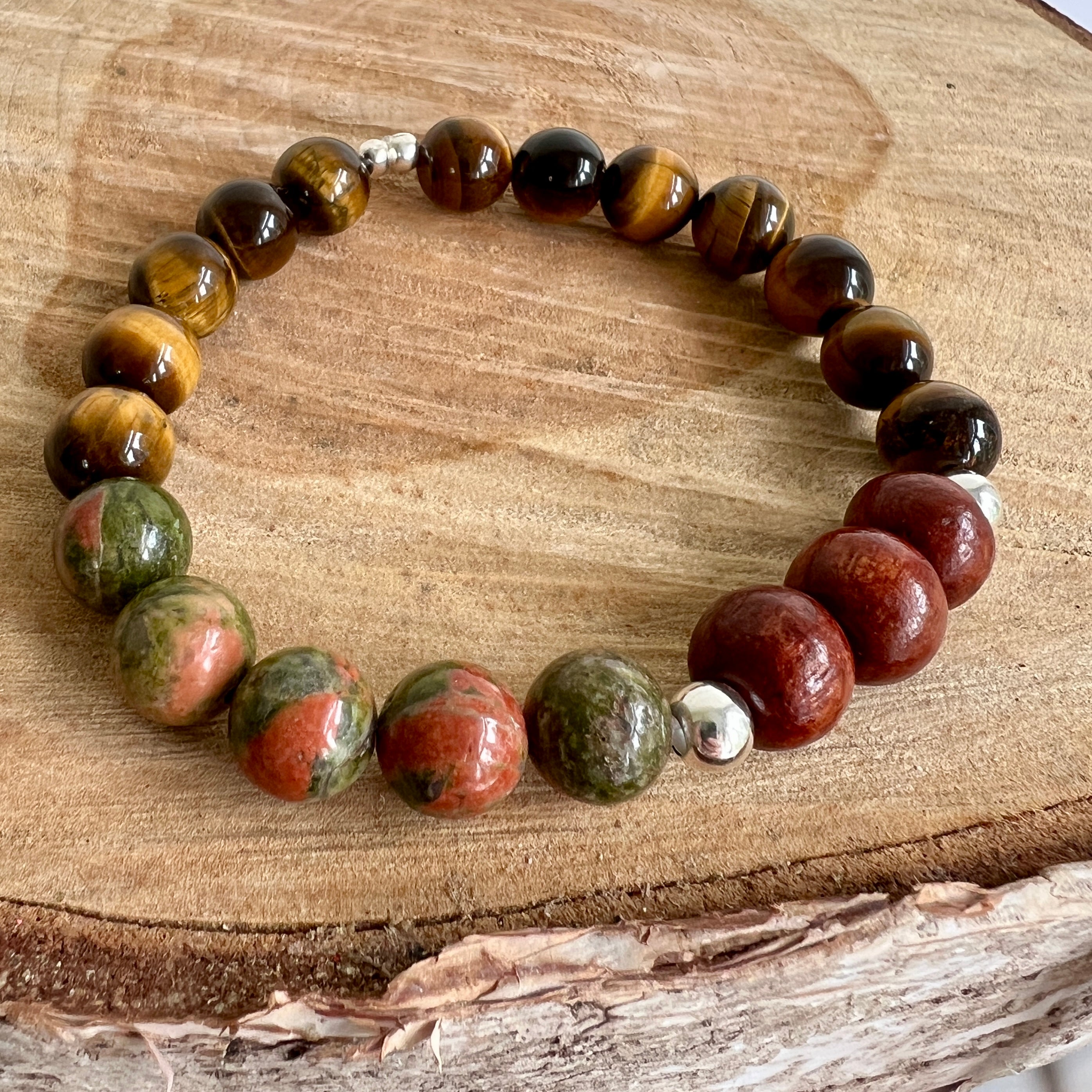 Unisex armband Hidden Trees, tijgeroog, groene unakiet, hout