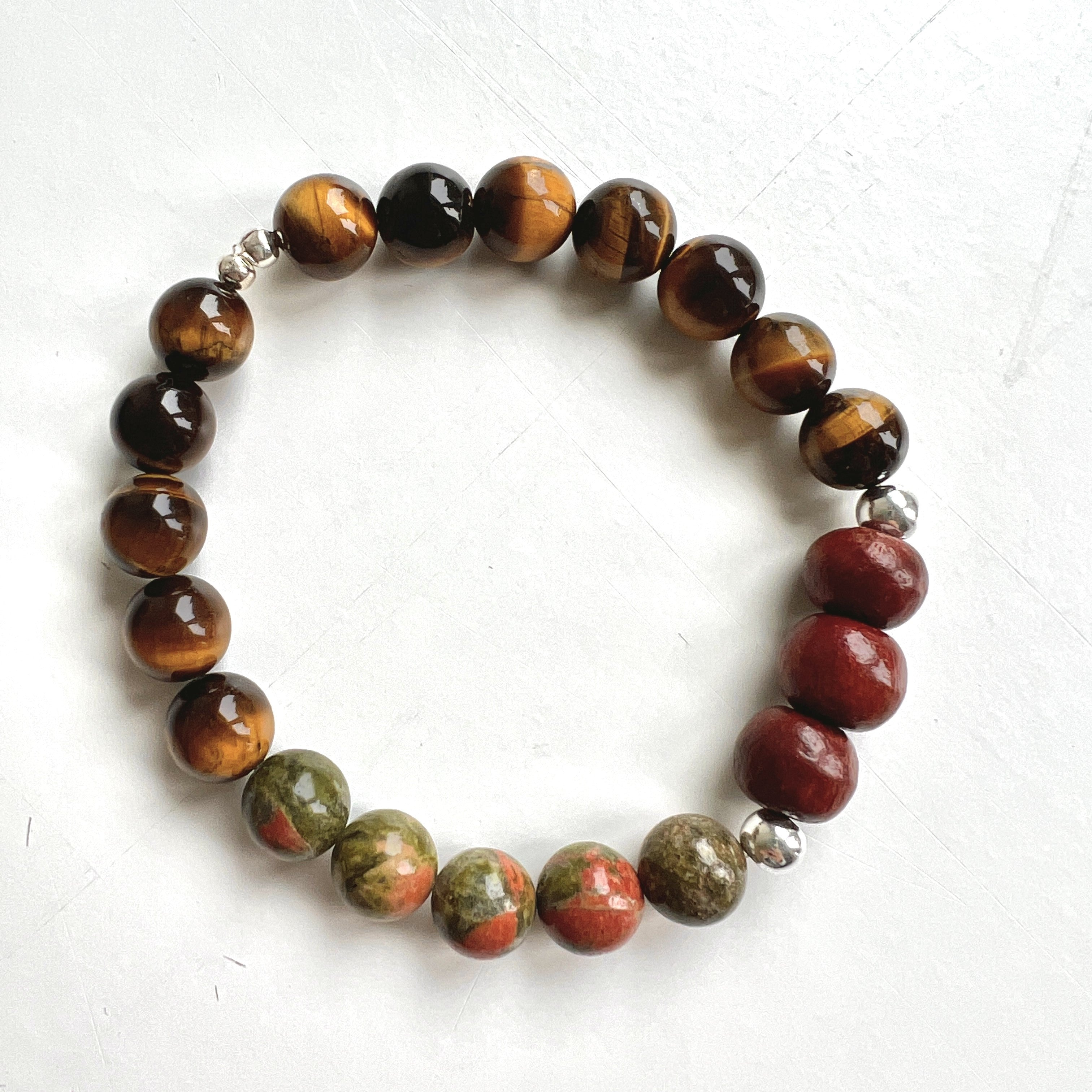 Unisex armband Hidden Trees, tijgeroog, groene unakiet, hout