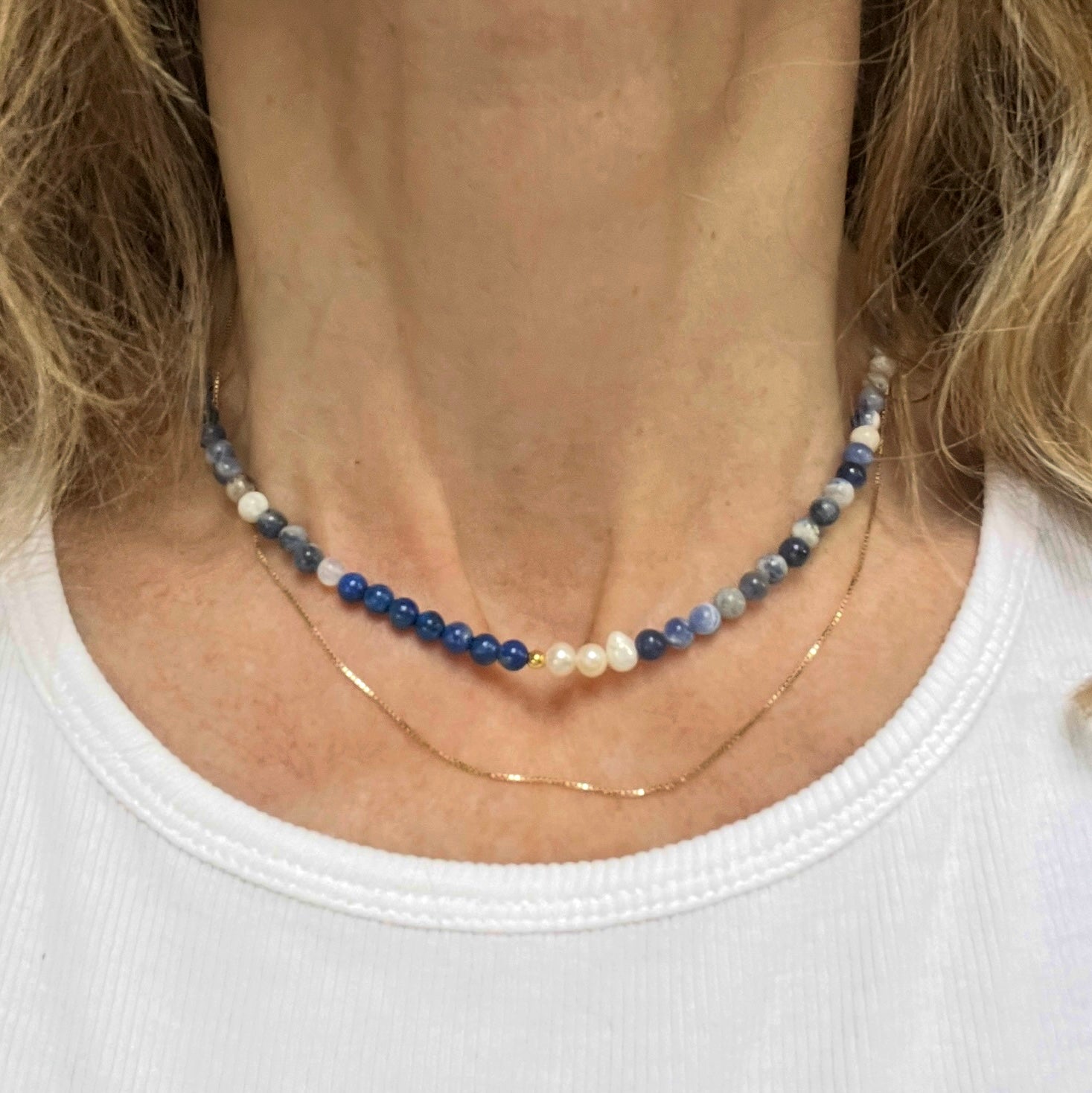Set: Armband & Ketting Happy Blues, lapis lazuli, parel, sodaliet