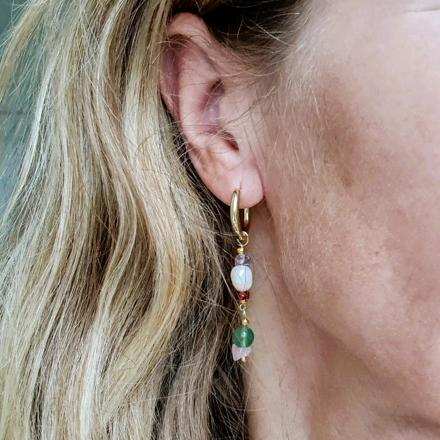 Oorbellen Paris, aventurijn, parel, amethist, granaat, rozekwarts