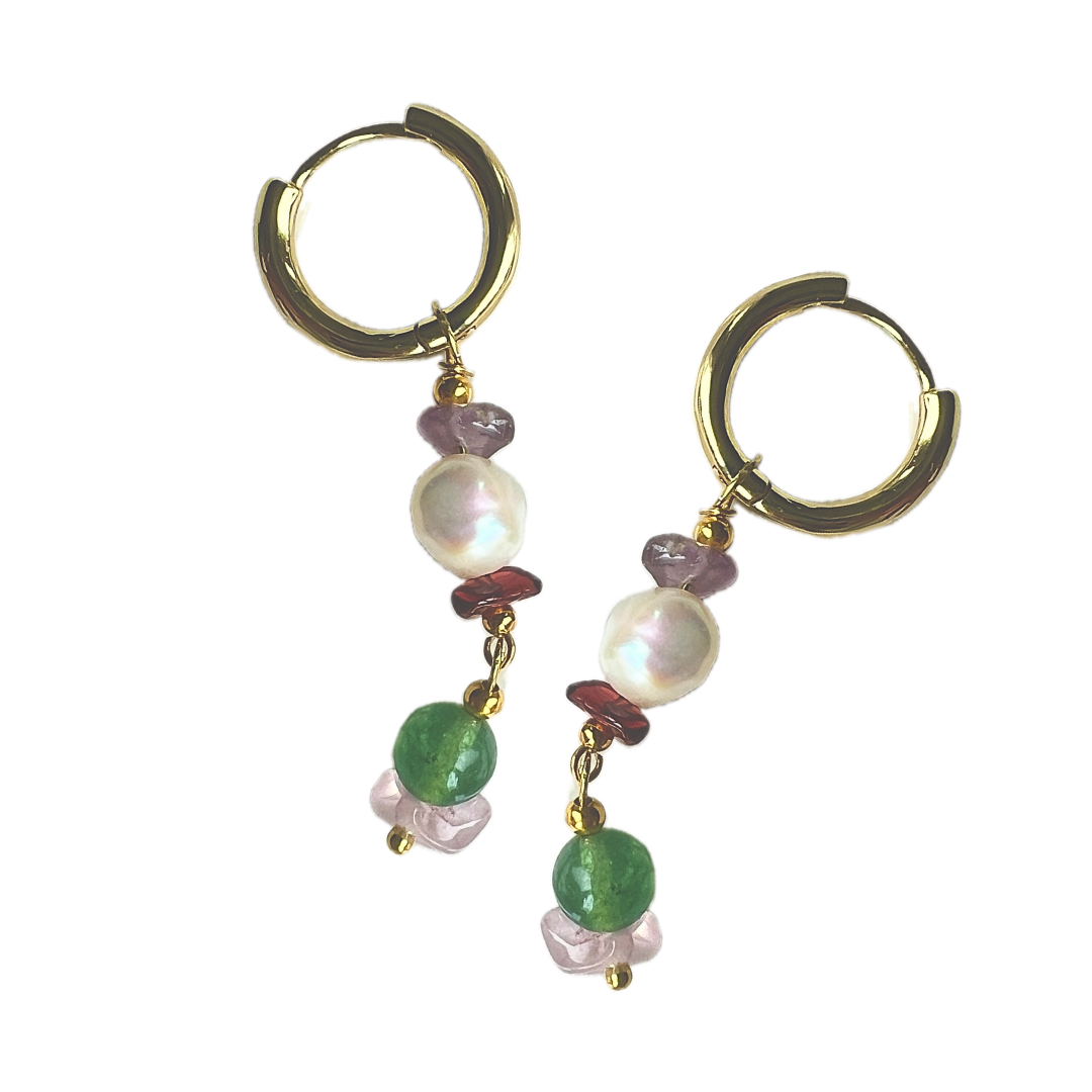 Oorbellen Paris, aventurijn, parel, amethist, granaat, rozekwarts