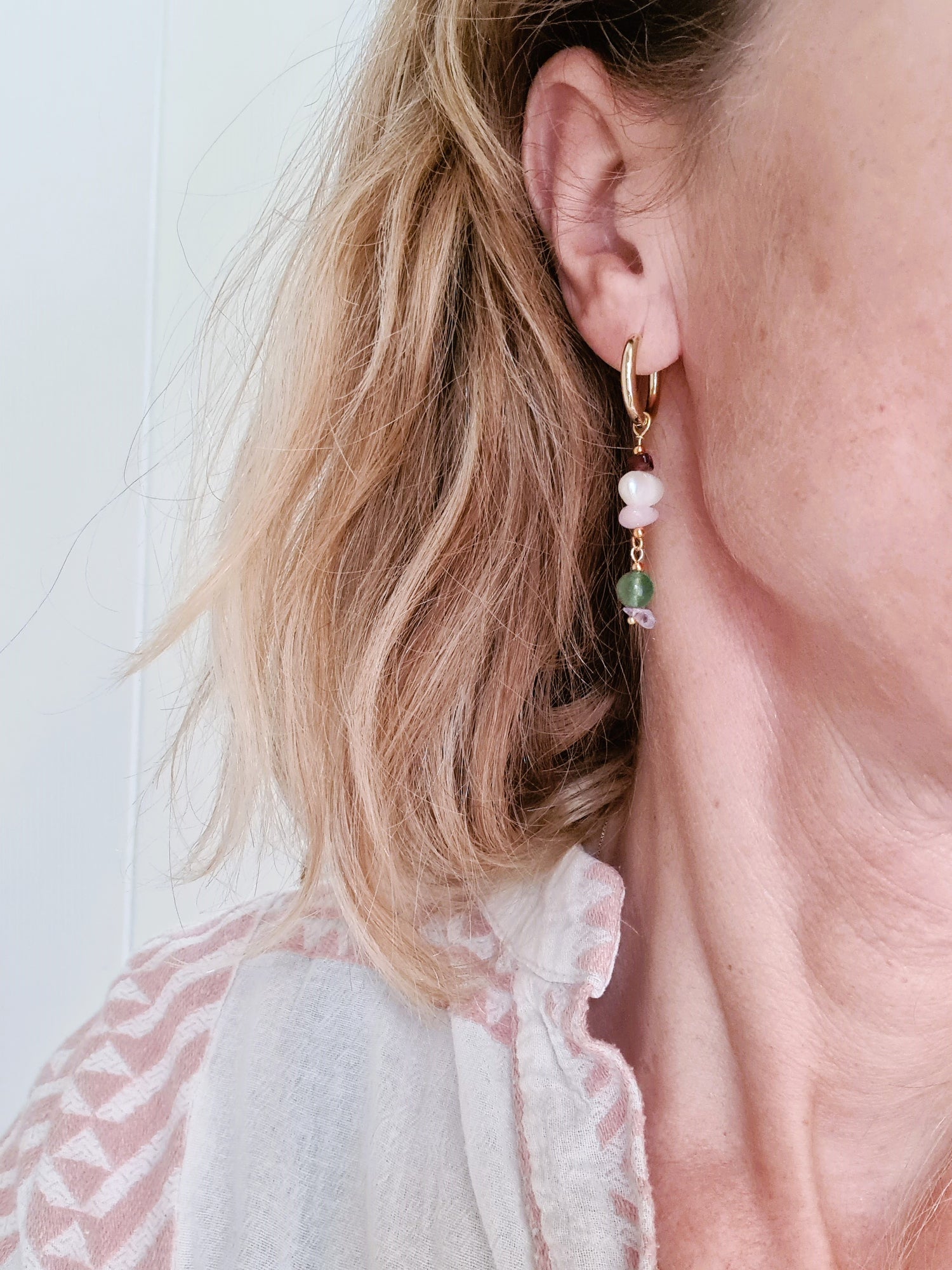 Oorbellen Paris, aventurijn, parel, amethist, granaat, rozekwarts