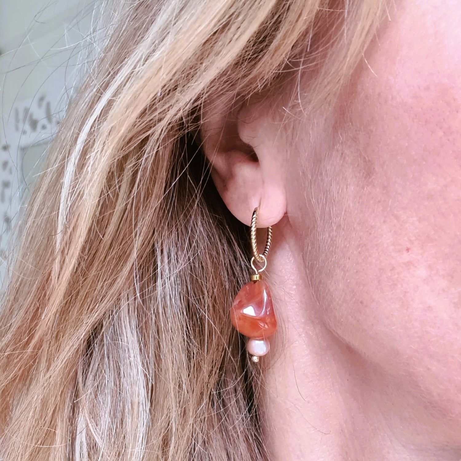 Oorbellen Bonjour Amour, carneool, roze parel