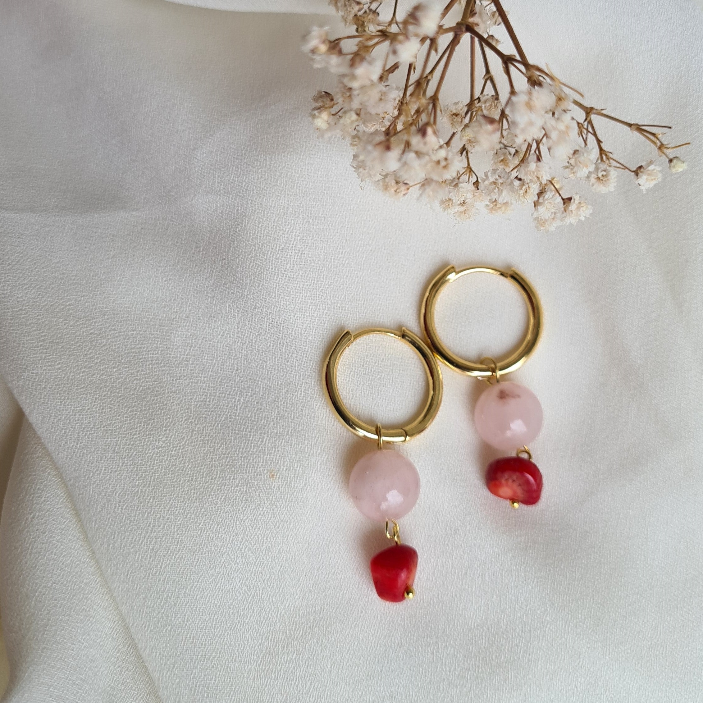 Oorbellen Sweet Love, rozekwarts, rood koraal