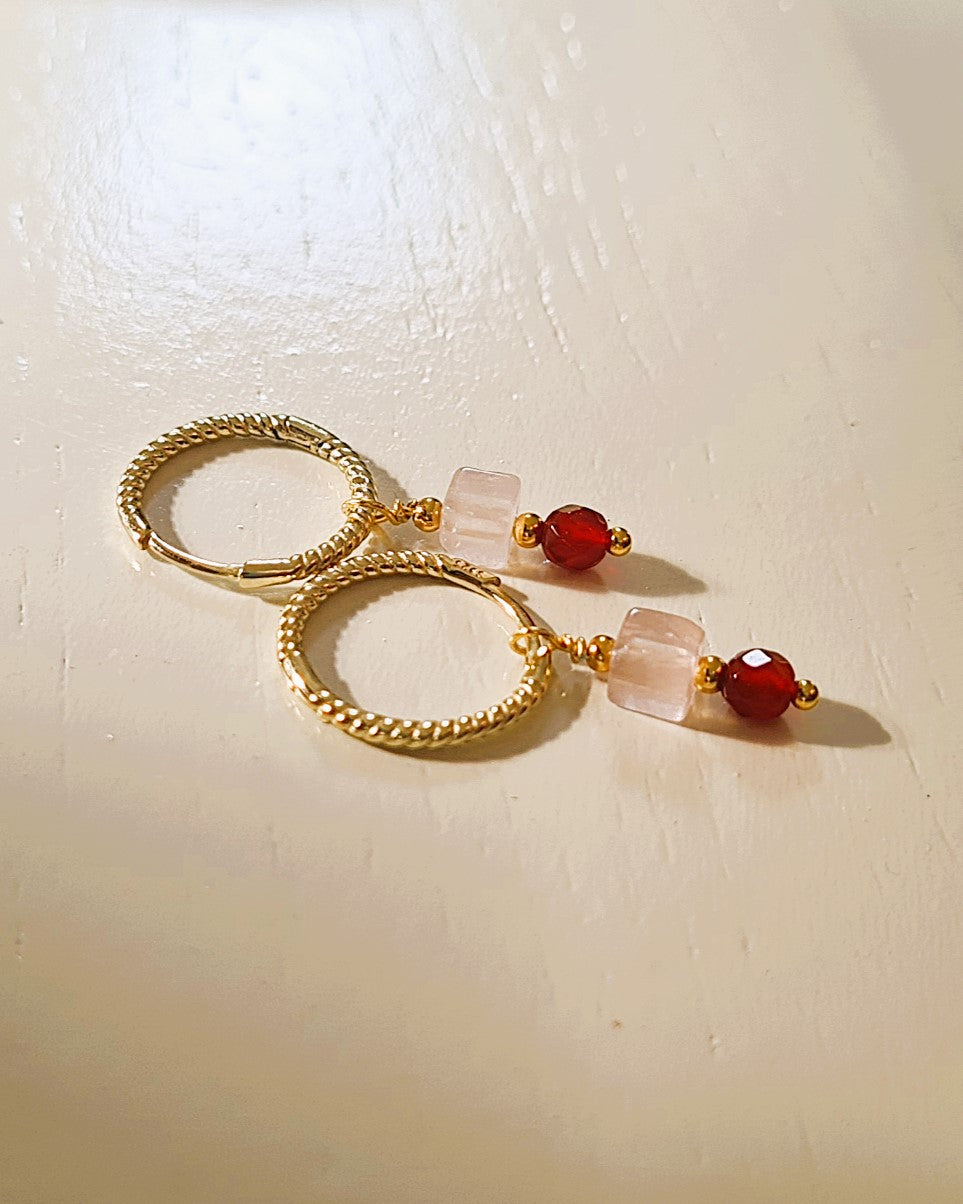 Oorbellen Robin, carneool, rozekwarts