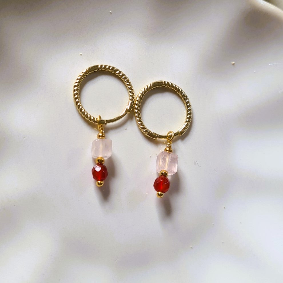 Oorbellen Robin, carneool, rozekwarts