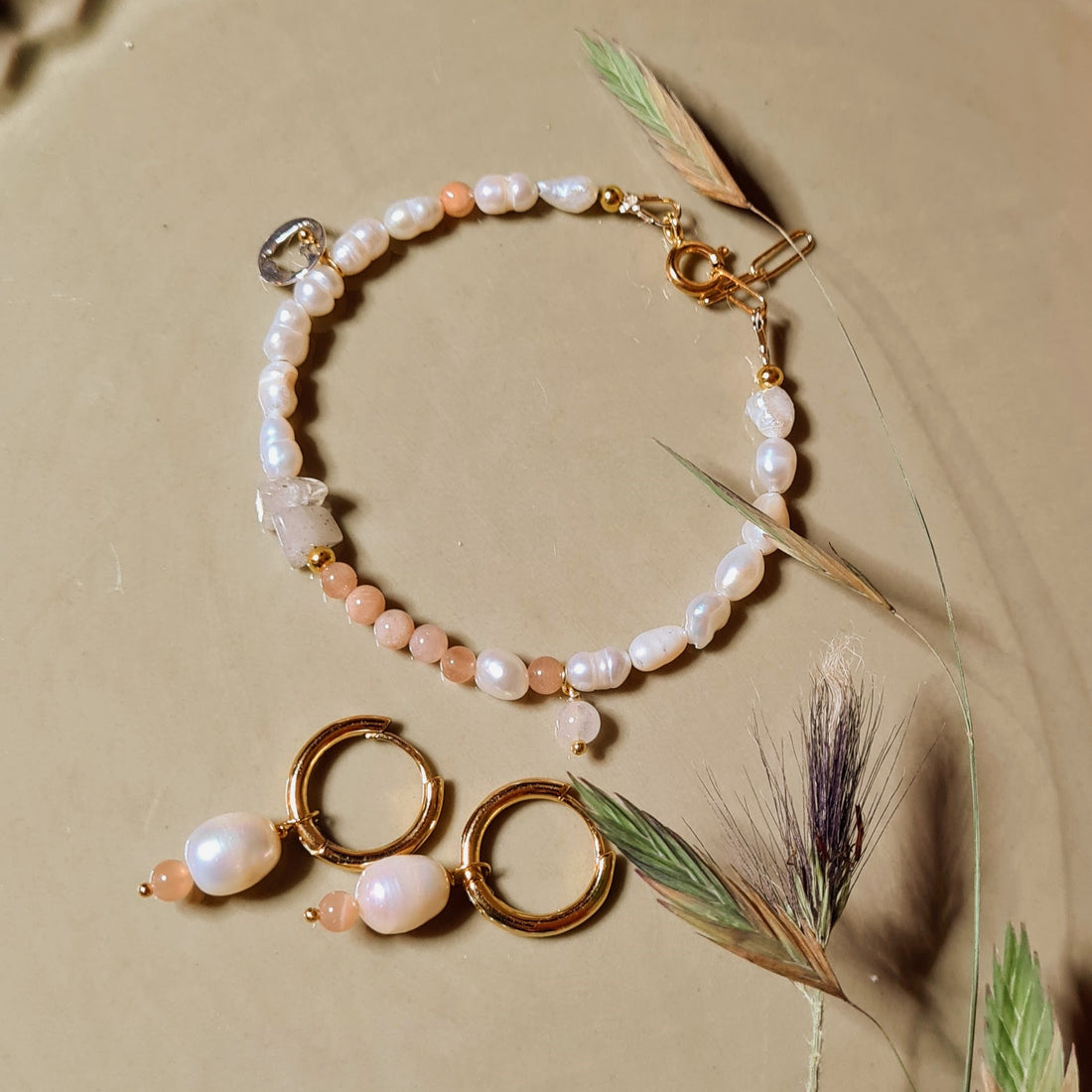 Set Armband  & oorringen Pearl Delight, parel, zonnesteen