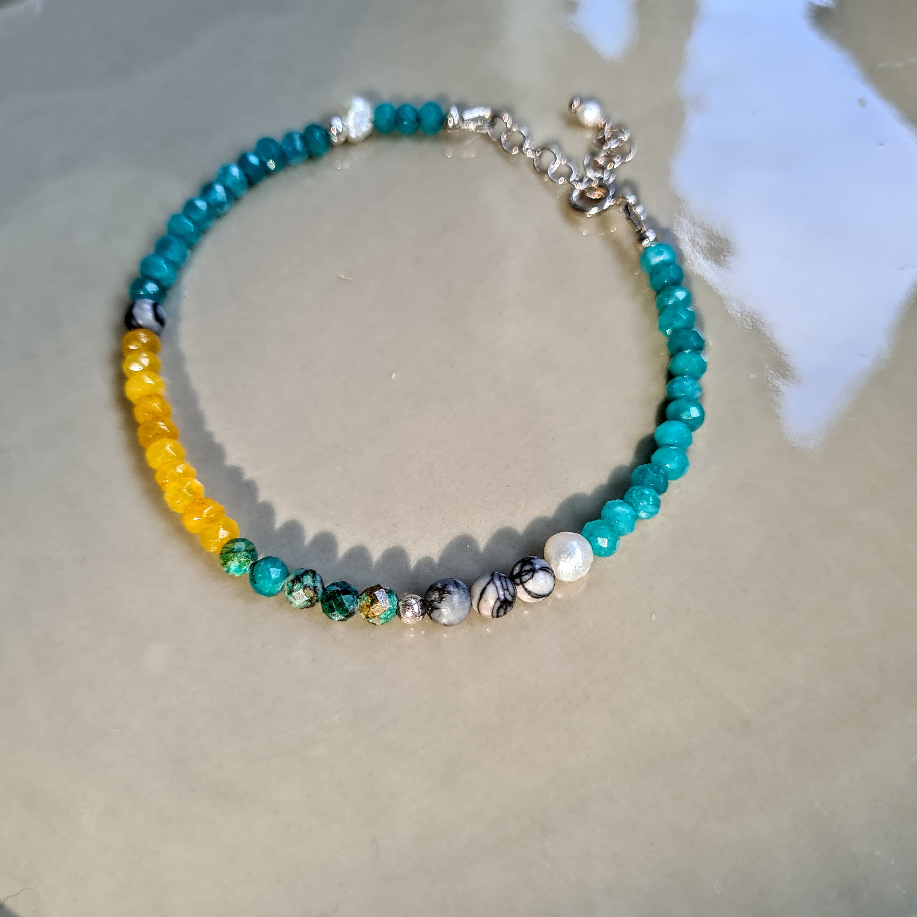 Enkelbandje Pearl Ocean, jade, parel en chrysocolla