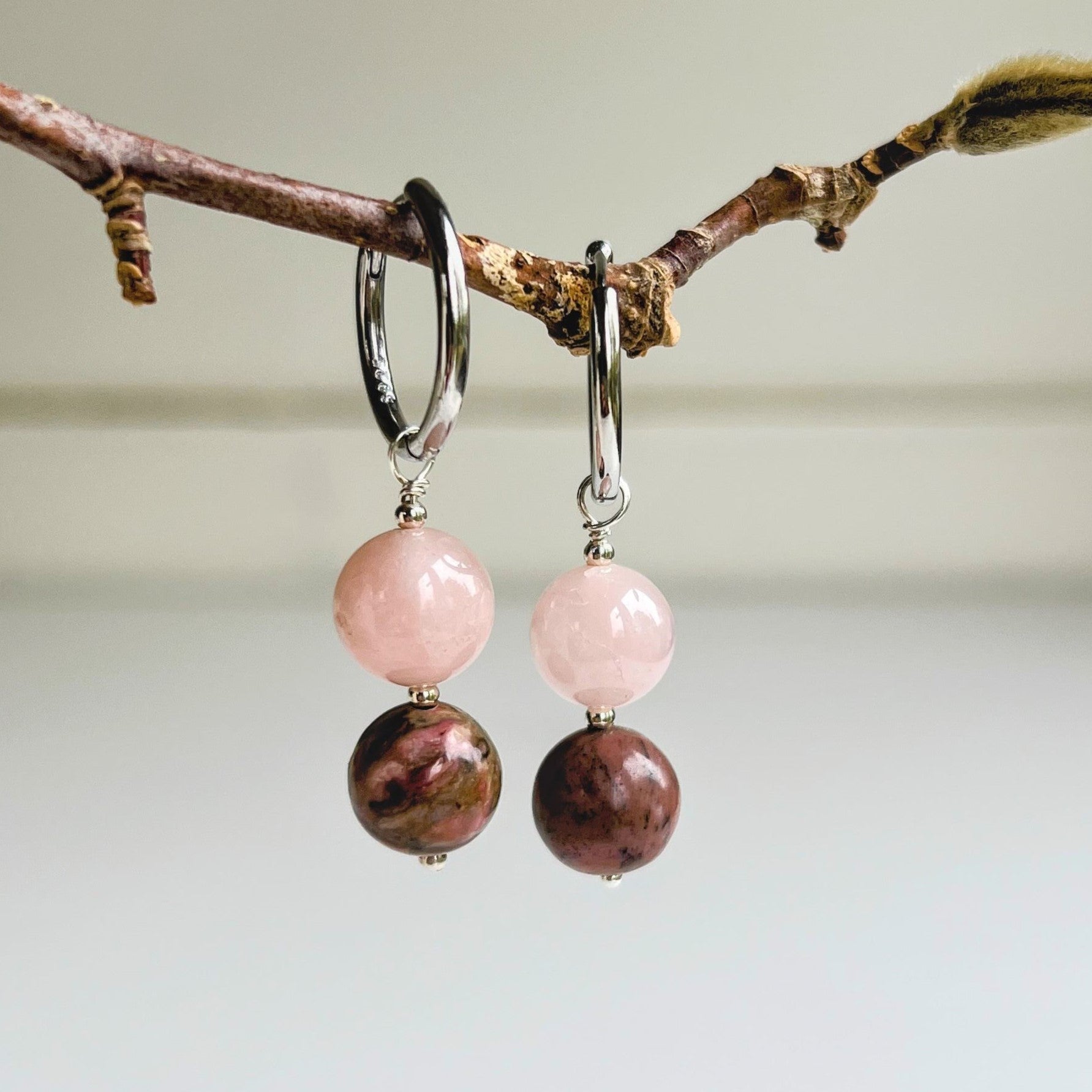 Oorbellen Pink Blush, rozekwarts, rhodoniet